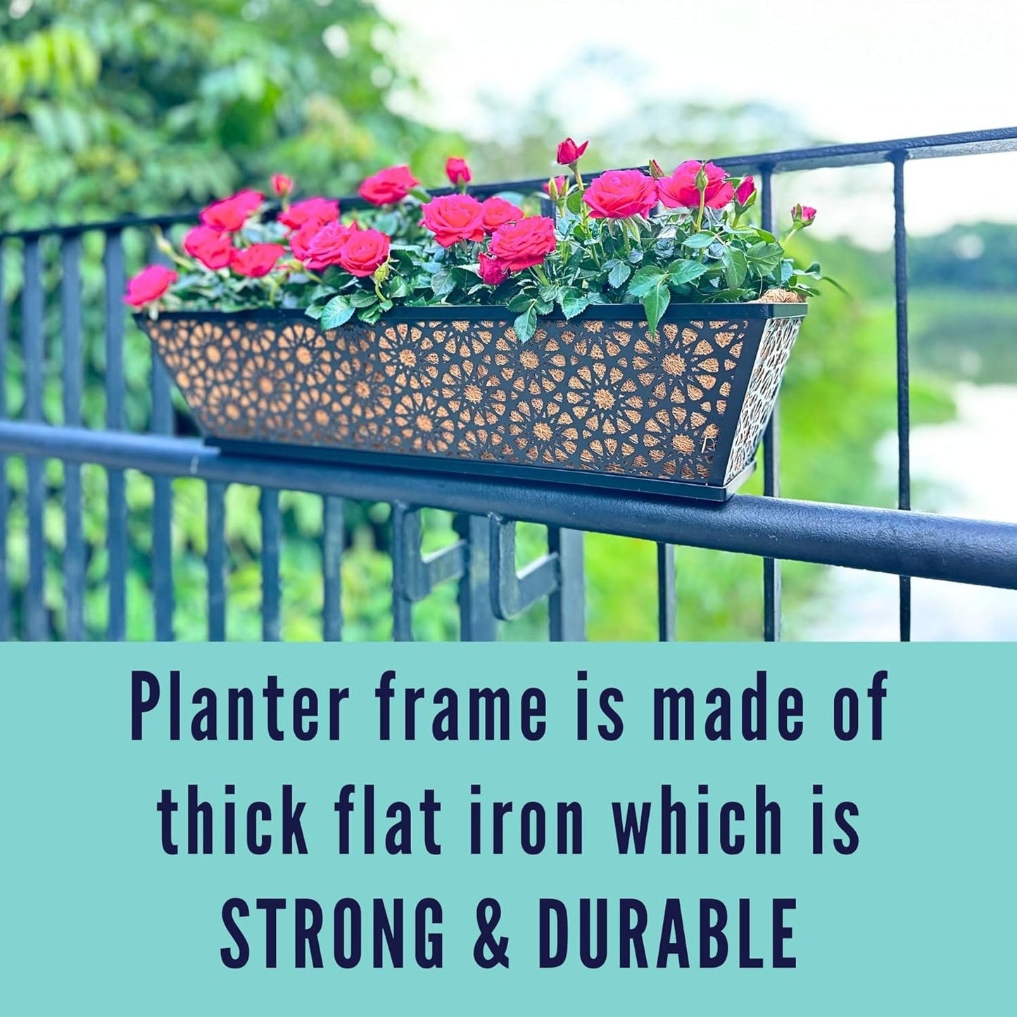 LaLaGreen Window Planter Boxes Outdoor (4 Pack, 24 Inch) Large Fence Hanging Planters Outdoor Plants, Metal Deck Railing Flower Box with Coco Liner, Modern Horse Troughs Balcony Pots Patio Porch Rail