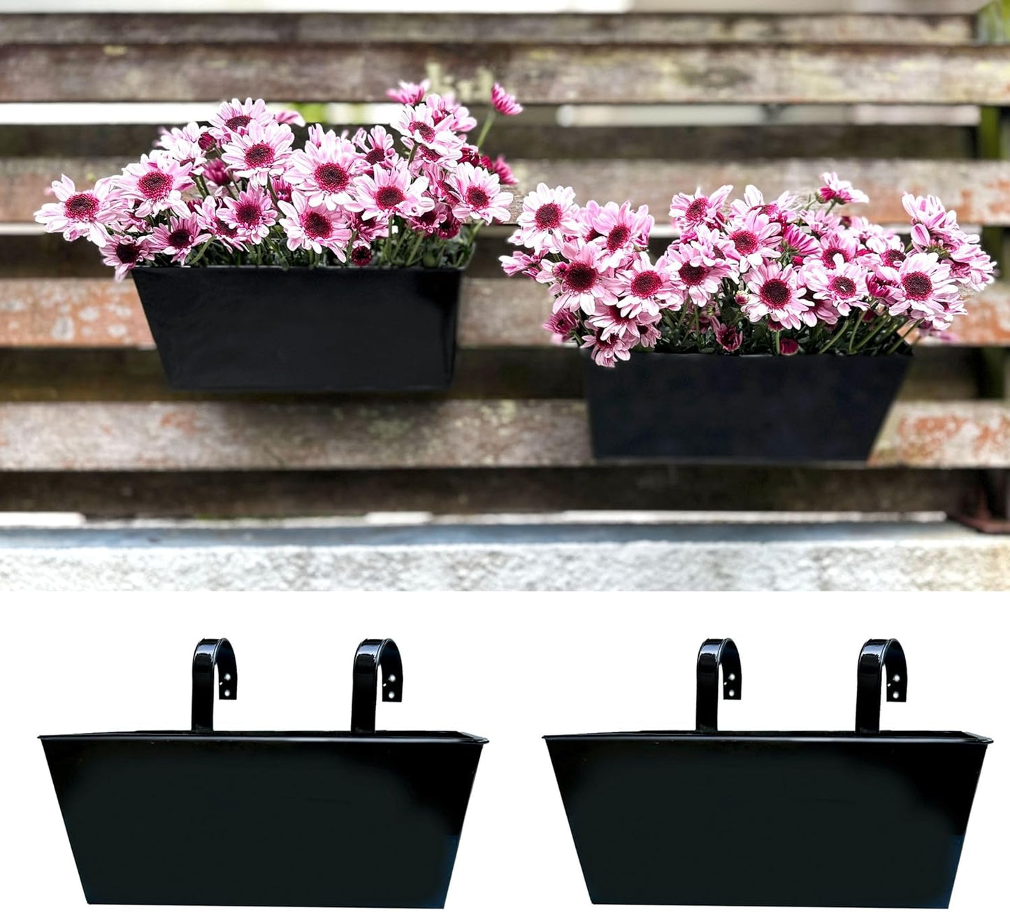 LaLaGreen Rail Planter Box (4 Pack, 12 Inch) Black Metal Strawberry Outdoor Hanging Flower Bucket with Drainage Handle Hook, Rectangle Balcony Deck Fence Plant Holder Window Boxes Rustic Home Decors