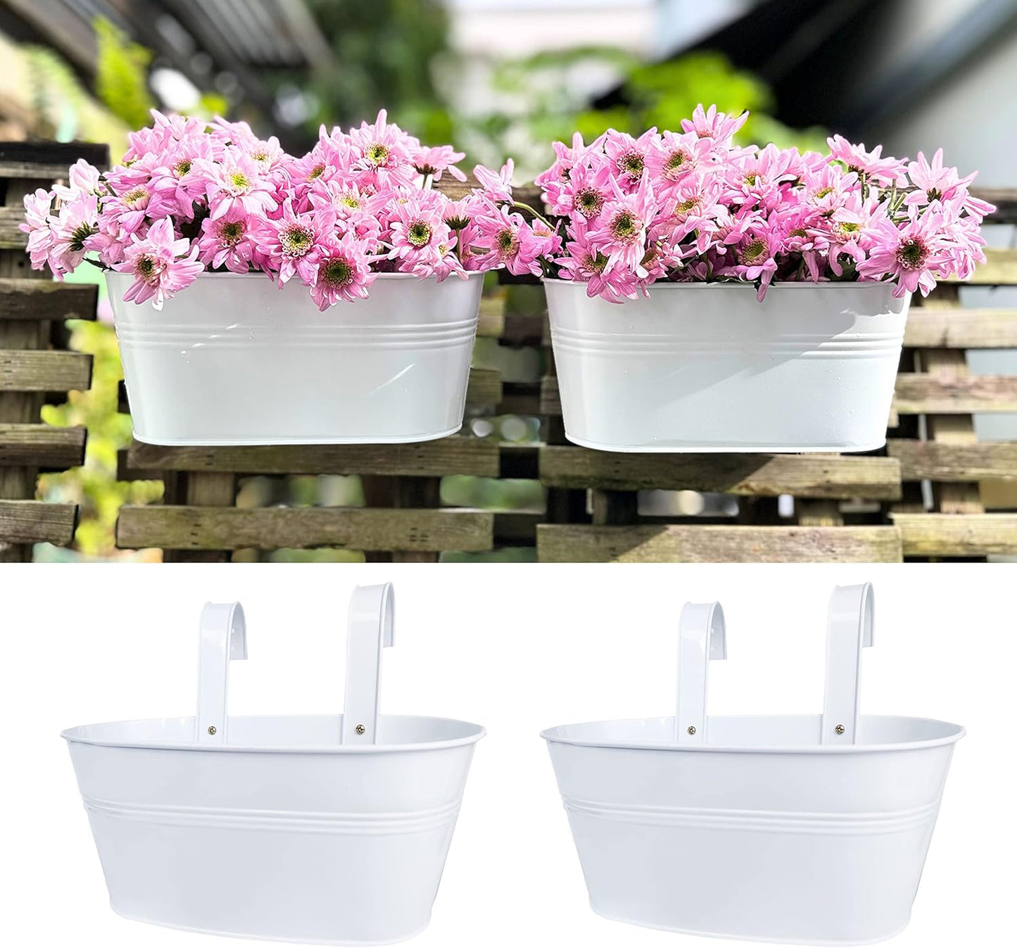 LaLaGreen Rail Planter Outdoor (6 Pack, 11.8 Inch) White Metal Iron Hanging Flower Pots Deck Railings Fence Buckets Modern Countryside Boho Style Wall Mount Window Box Plant Holder Hooks Porch Decor