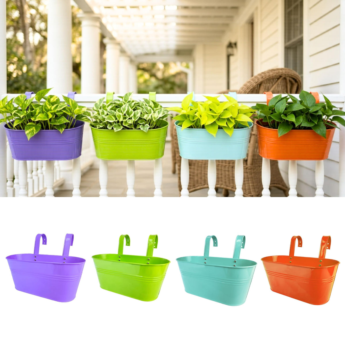 LaLaGreen Colorful Oval Metal Railing Planter Boxes