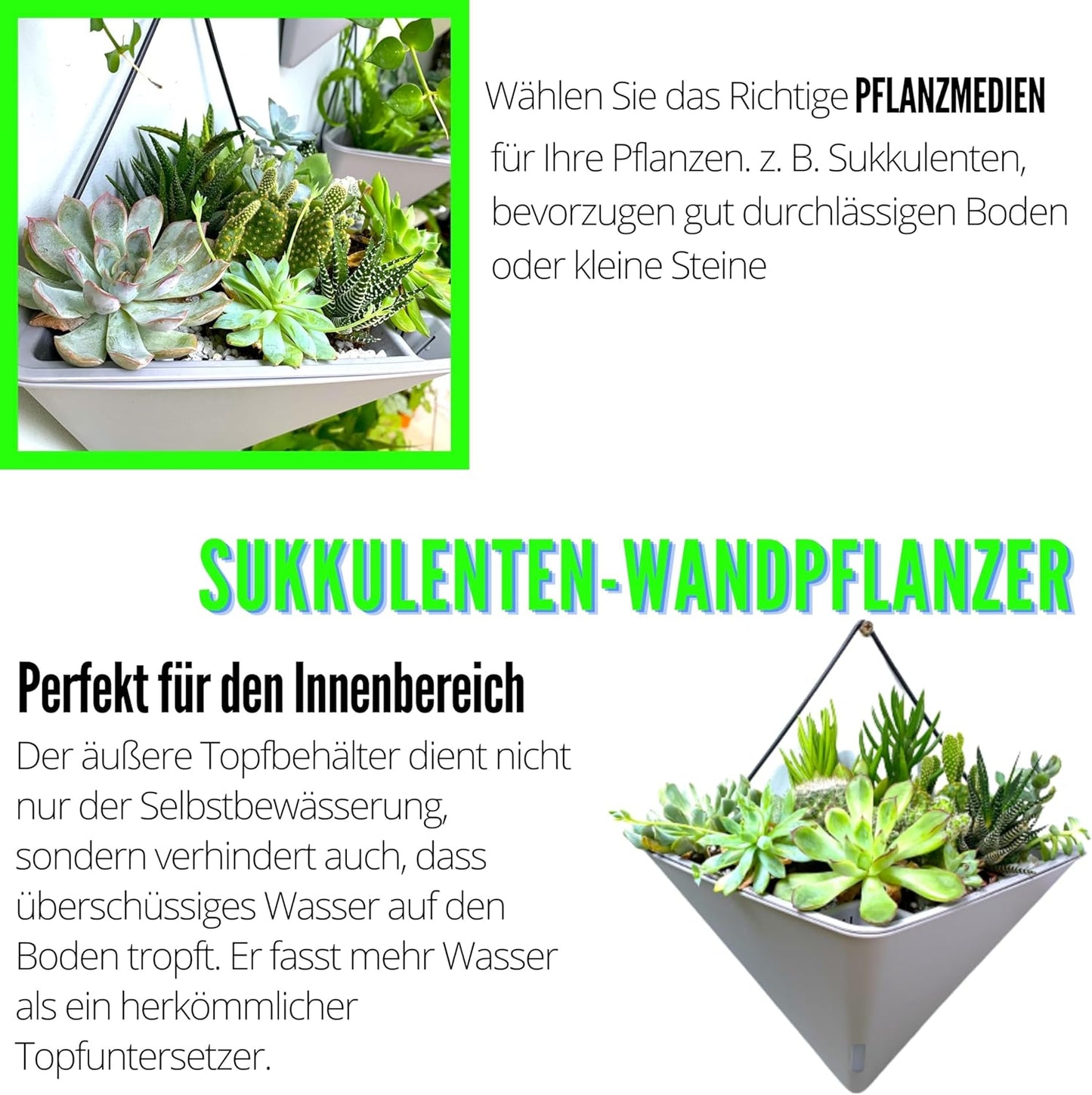 LaLaGreen Wall Planters for Indoor Plants - 4 Pack, 12 Inch Large Self Watering Gray Geometric Hanging Flower Vase Vessel with Metal Hanger, Modern Stylish Wall Mounted Succulent Pot Holder Decor