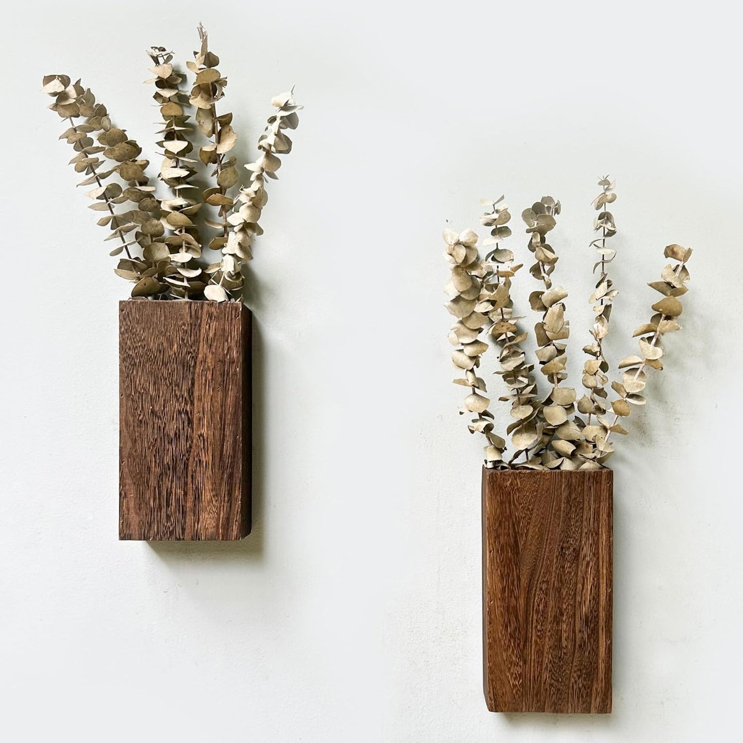 LaLaGreen Wood Wall Planters (2 Pack, 8 Inch), Include Bunny Tails Dried Flowers, Hanging Planter Wooden Box Vase for Indoor Modern Rustic Farmhouse Decor Home Living Room Bathroom Trendy Decoration