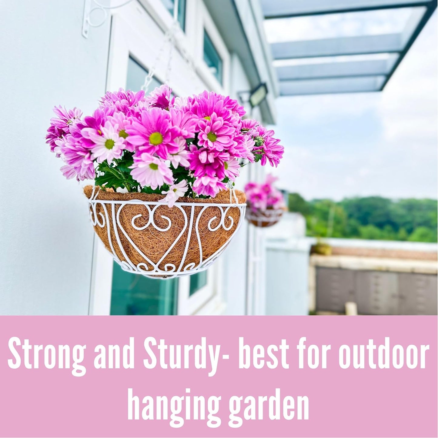 LaLaGreen Hanging Baskets for Plants (4 Pack, 14 Inch) Hanging Flower Pots with Coco Liner, White Metal Wire Round Basket Plant Holder with Hanger Hook Chain Outdoor Deck Patio Balcony Garden Decor