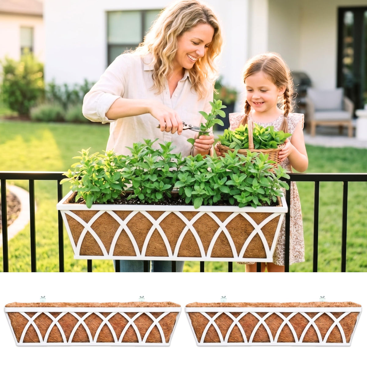 LaLaGreen Deck Railing Planter Outdoor (2 Pack, 30") Rectangular Window Flower Box with Coco Liner, White Metal Wall Hanging Planters Plant Holder Mounted Horse Troughs Rail Fence Patio Garden Decor