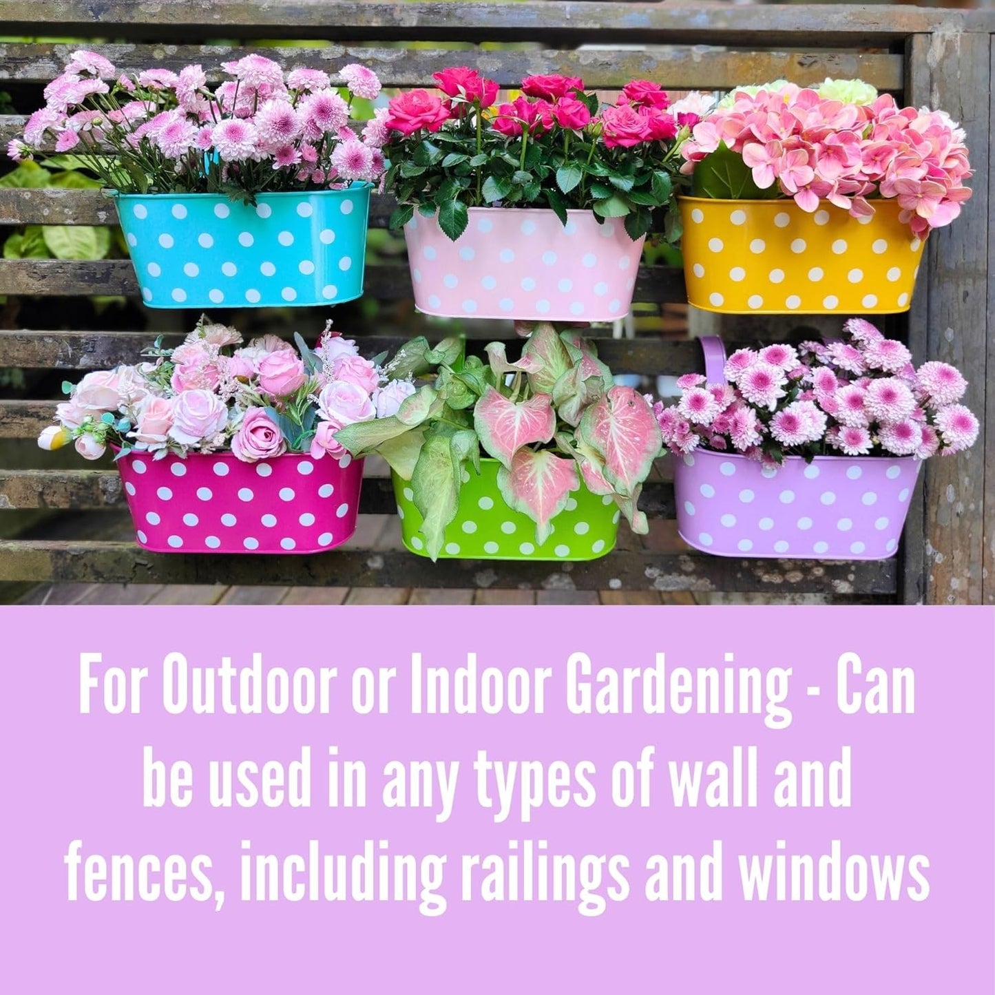 LaLaGreen Rail Planter for Deck Railing (11.2 Inch, 6 Pack) Colorful Metal Iron Hanging Flower Pots, Polka Dot and Strawberry Fence Garden Cute Balcony Box Plant Holder with Hooks Bucket Hang Porch