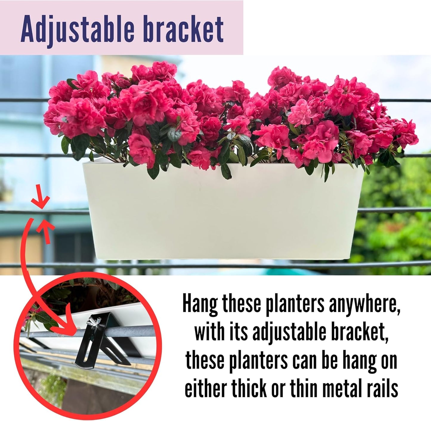 LaLaGreen Railing Planter Box (14 Inch) White Rectangular Window Flower Boxes with Bracket, Self Watering System Hanging Planters for Outdoor Plant Pot Container Deck Rail Fence Balcony Garden Herb