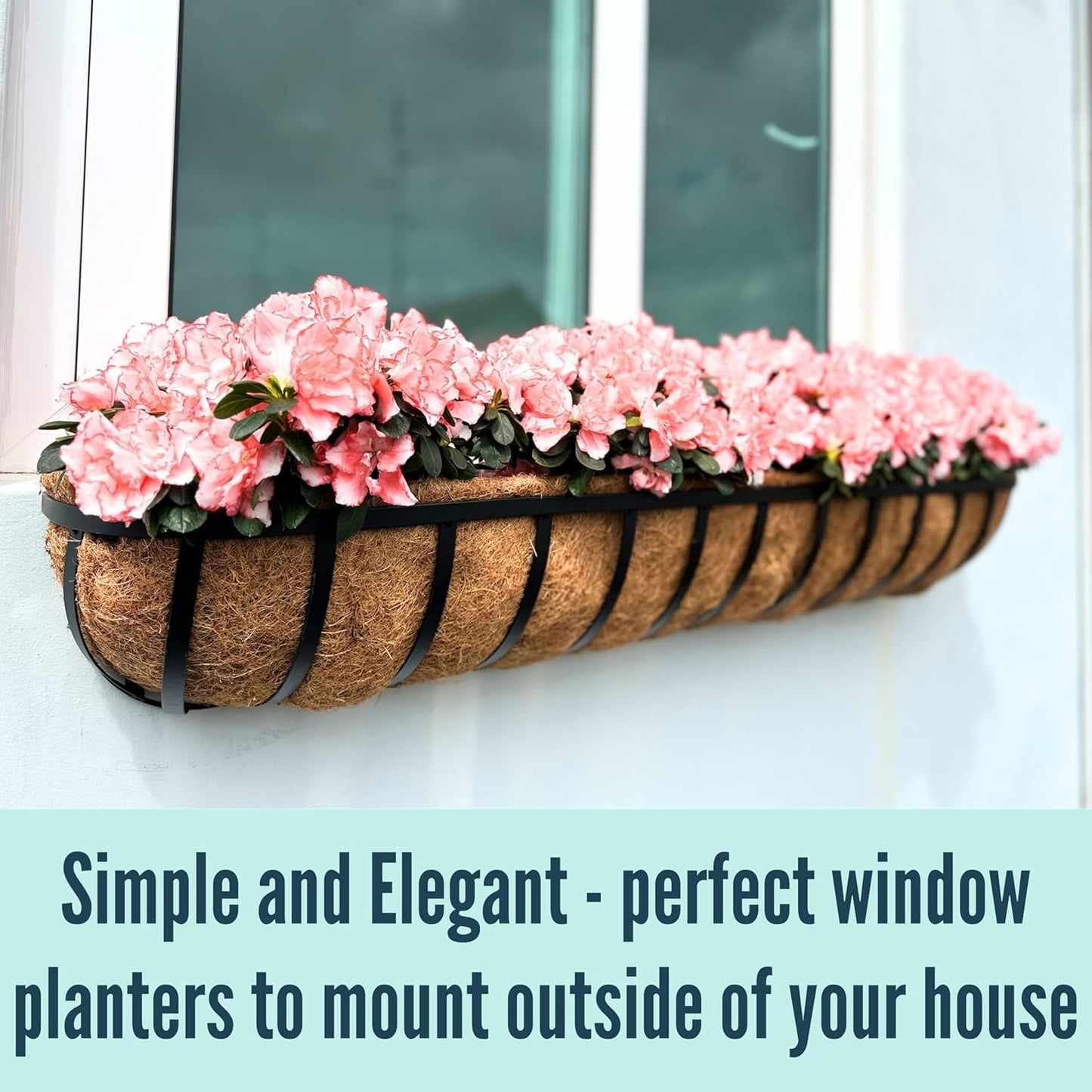 LaLaGreen Wall Hanging Planter Outdoor (48 Inch, 2 Pack) Large Window Flower Box with Coco Liners, Black Metal Rectangular Plant Holder Attach to House Horse Trough Fence Balcony Modern Porch Patio