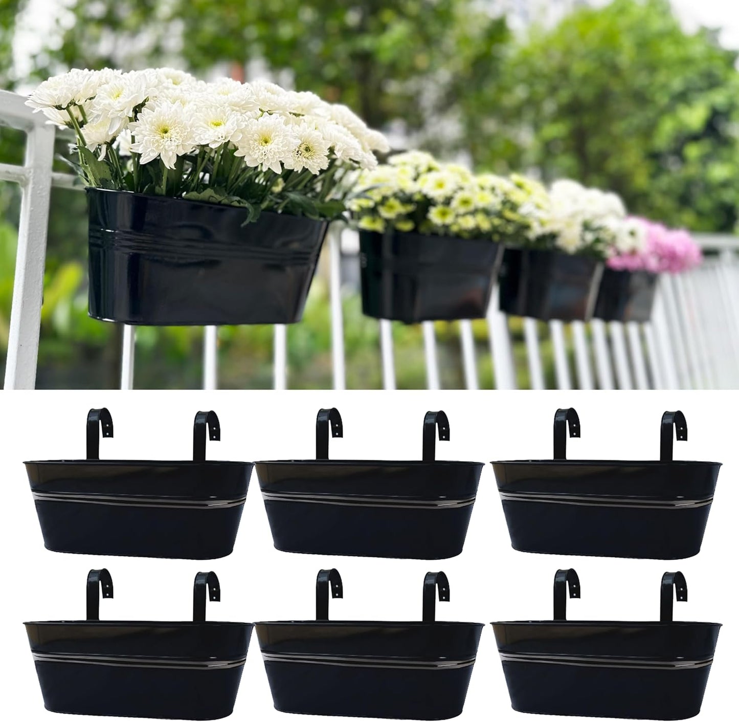 LaLaGreen Outdoor Plants Rail Planter (16 Inch, 4 Pack) Black Metal Iron Hanging Flower Pots Deck Railings Fence Buckets Modern Boho Style Wall Mount Window Boxes Plant Holder Hooks Porch Home Decor