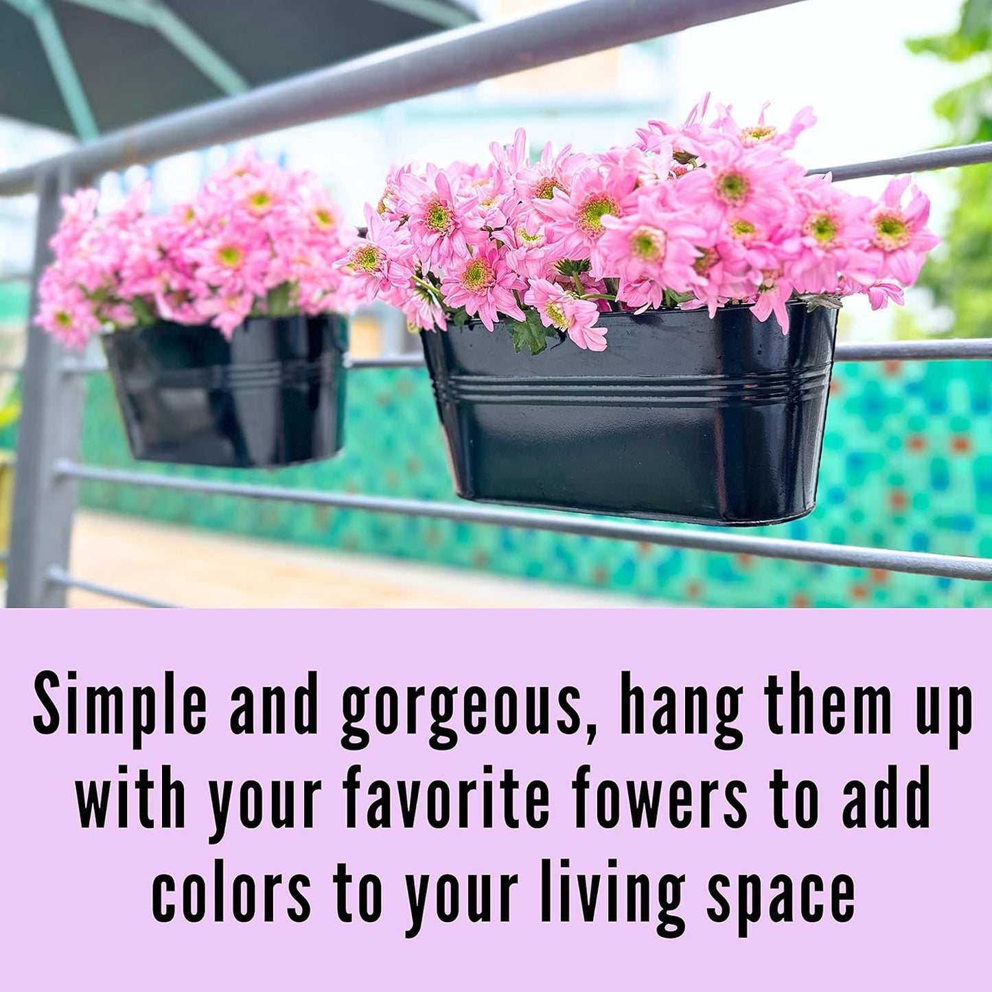 LaLaGreen Rail Planter Outdoor Plants(3 Pack, 11.8 Inch) Black Metal Iron Hanging Flower Pots Deck Railings Fence Buckets Modern Countryside Boho Style Wall Mount Window Box Plant Holder Porch Decor