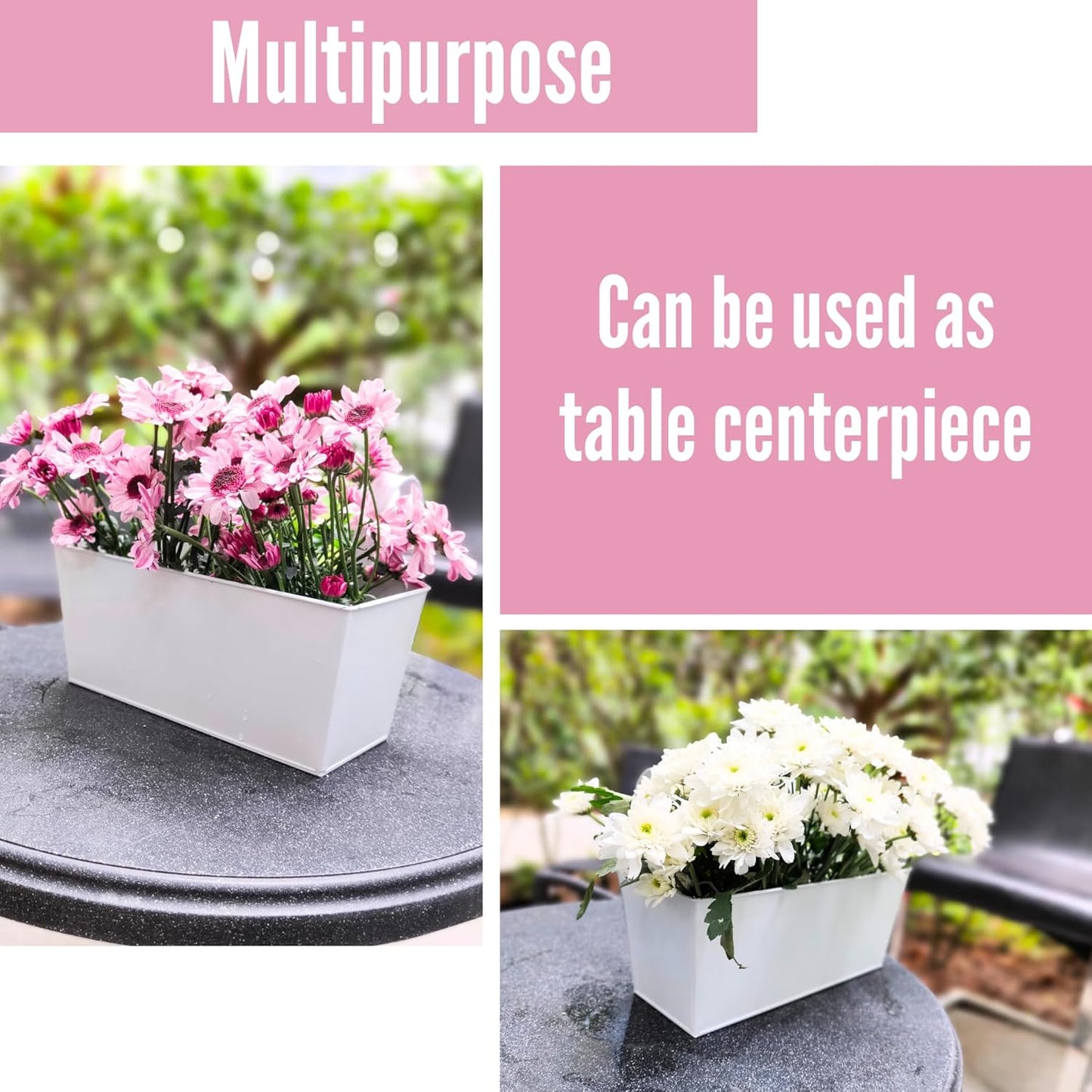 LaLaGreen Outdoor Planter (2 Pack, 16 Inch) Large White Metal Flower Pots Countryside Modern Rectangle Strawberry Window Box Succulent Planters with Drainage Hole Hanging Balcony Deck Rail Fence Porch