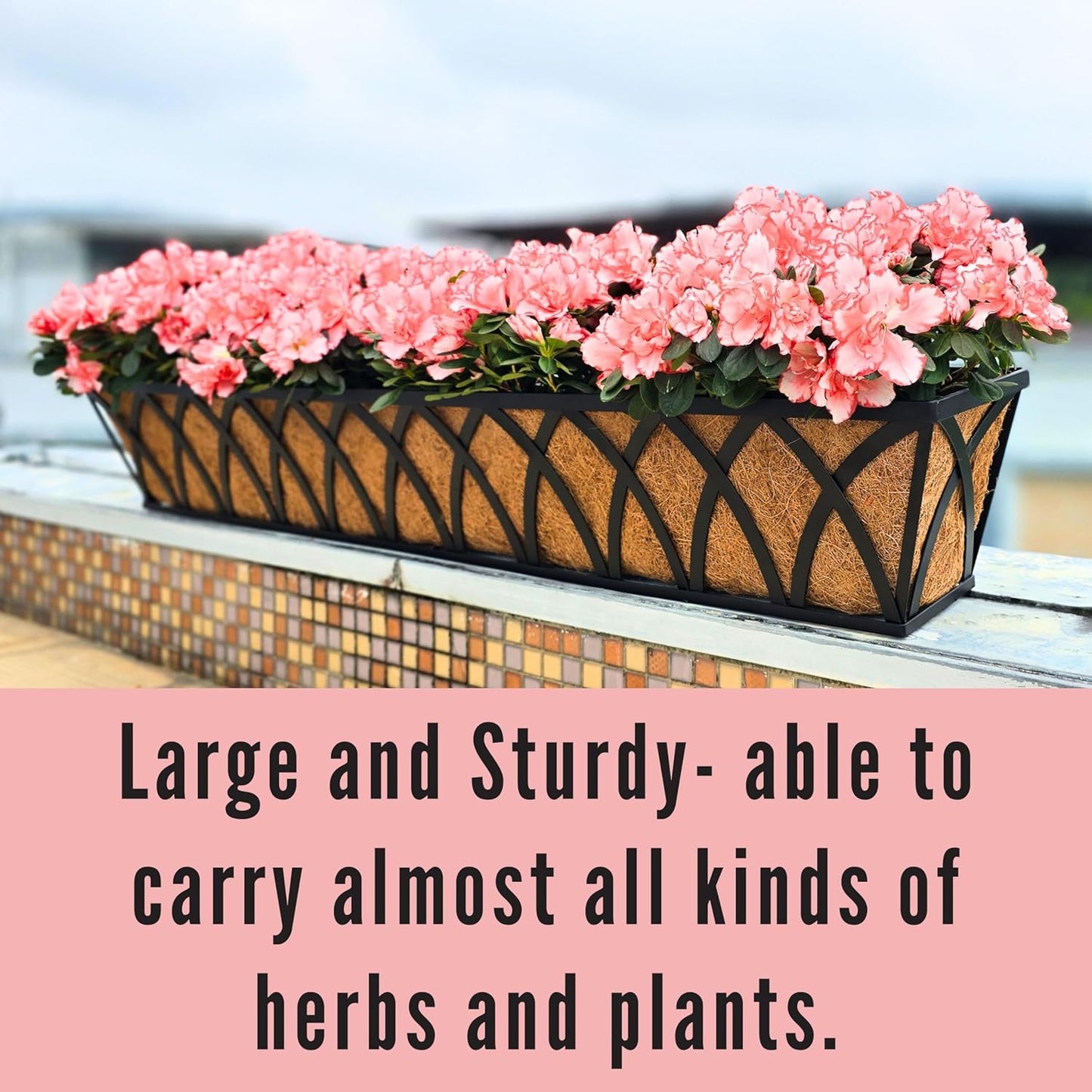 LaLaGreen Deck Railing Planter Outdoor (48 Inch, 2 Pack) Extra Large Metal Wall Hanging Planters with Coco Liner Black Rectangular Window Boxes Plant Bracket Holder Garden Rail Fence Balcony Patio