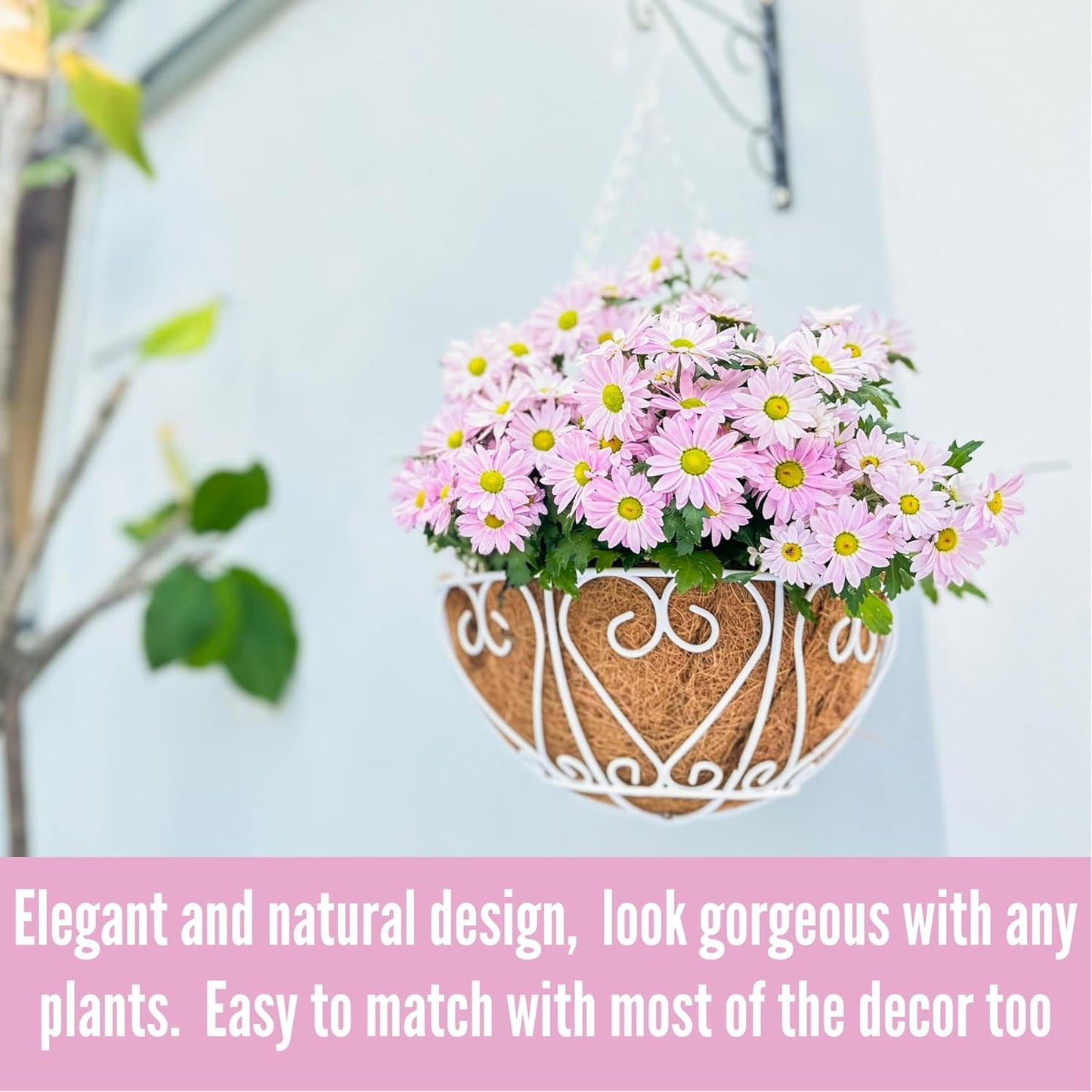 LaLaGreen Hanging Baskets for Plants (4 Pack, 14 Inch) Hanging Flower Pots with Coco Liner, White Metal Wire Round Basket Plant Holder with Hanger Hook Chain Outdoor Deck Patio Balcony Garden Decor