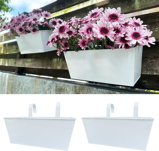 LaLaGreen Rail Hanging Planter (2 Pack, 14 Inch) Large White Metal Rectangle Plant Holder Outdoor Balcony Deck Railing Fence, Strawberry Window Flower Box for Artificial Plants Minimalist Home Decor