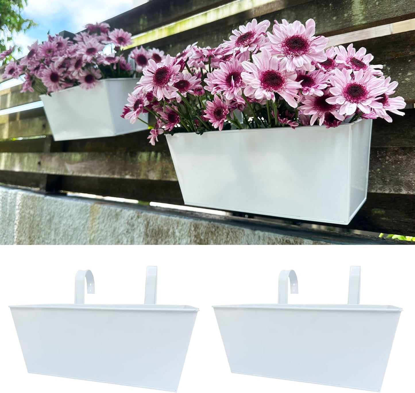 LaLaGreen Rail Hanging Planter (2 Pack, 14 Inch) Large White Metal Rectangle Plant Holder Outdoor Balcony Deck Railing Fence, Strawberry Window Flower Box for Artificial Plants Minimalist Home Decor