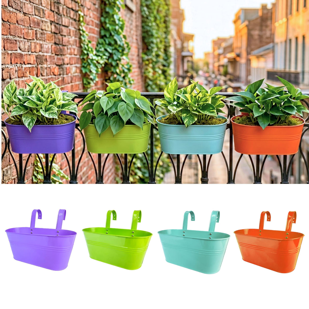 LaLaGreen Colorful Oval Metal Railing Planter Boxes