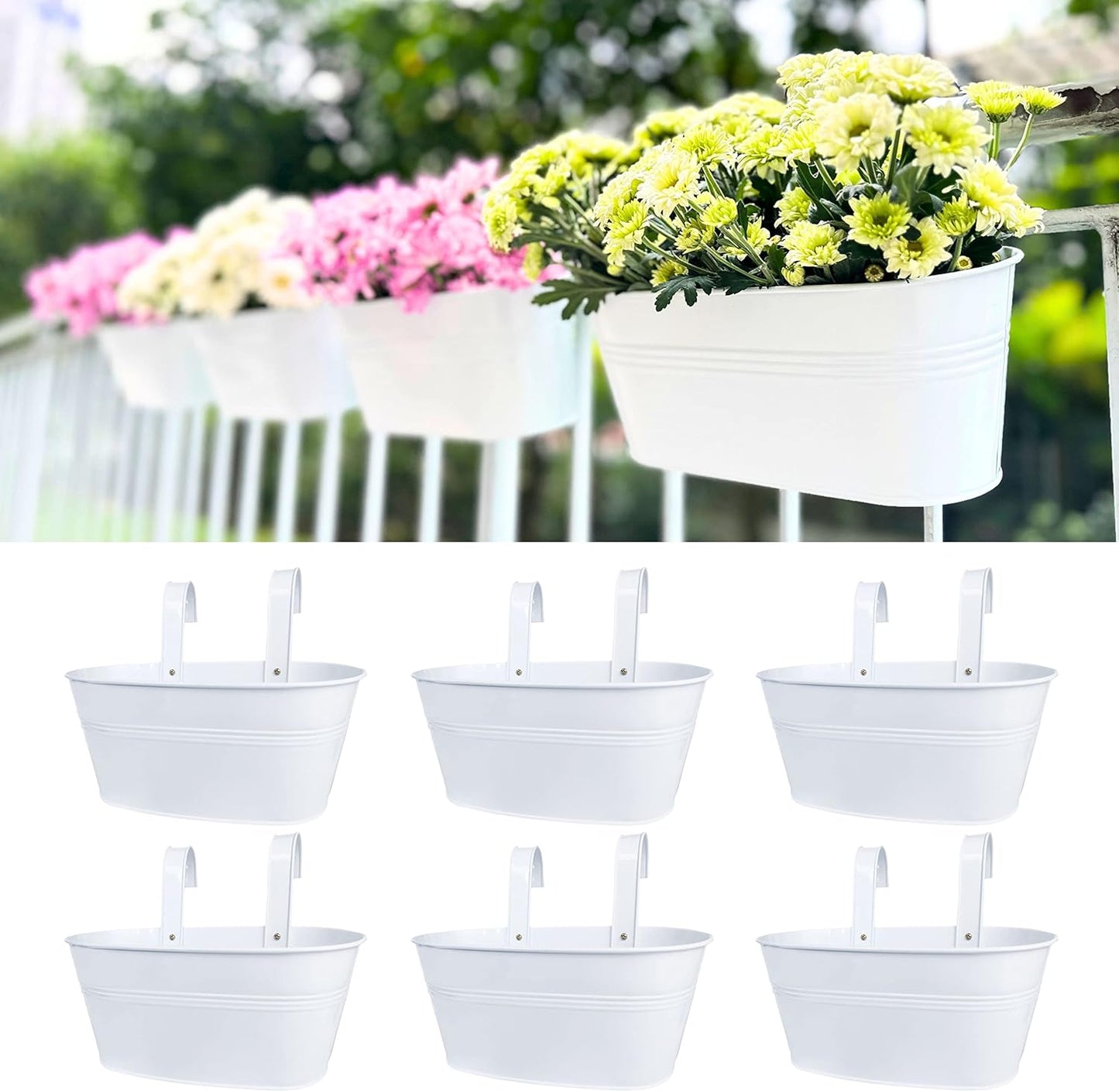 LaLaGreen Rail Planter for Outdoor (4 Pack, 9.8 Inch) Small and Cute Metal Iron Hanging Flower Pots Deck Railings Fence Buckets Boho Style White Wall Mount Window Box Plant Holder Hooks Porch Decor