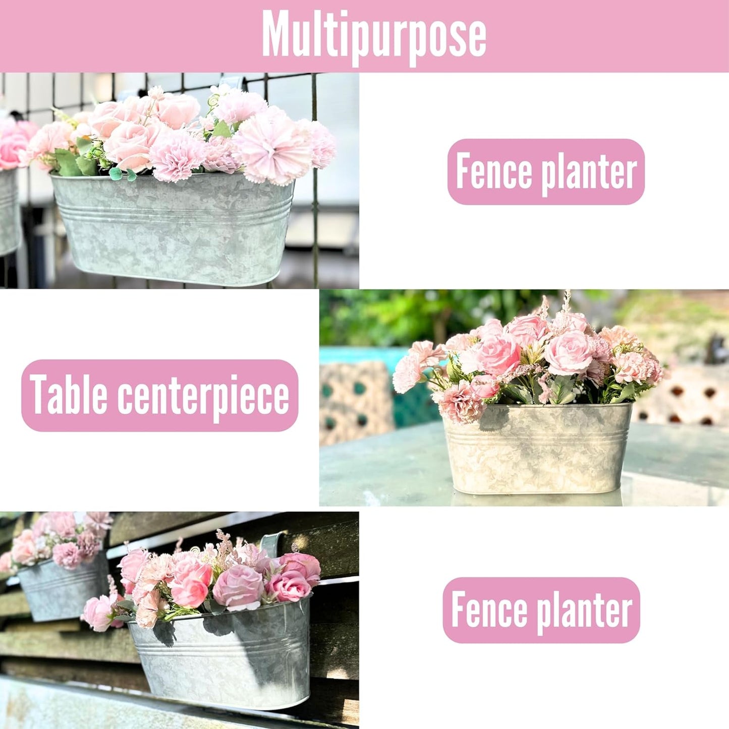 LaLaGreen Outdoor Plants Rail Planter (16 Inch, 4 Pack) Silver Metal Iron Hanging Flower Pot Deck Railings Fence Bucket Modern Boho Style Wall Mount Window Box Plant Wall Hanger Hooks Porch Home Decor