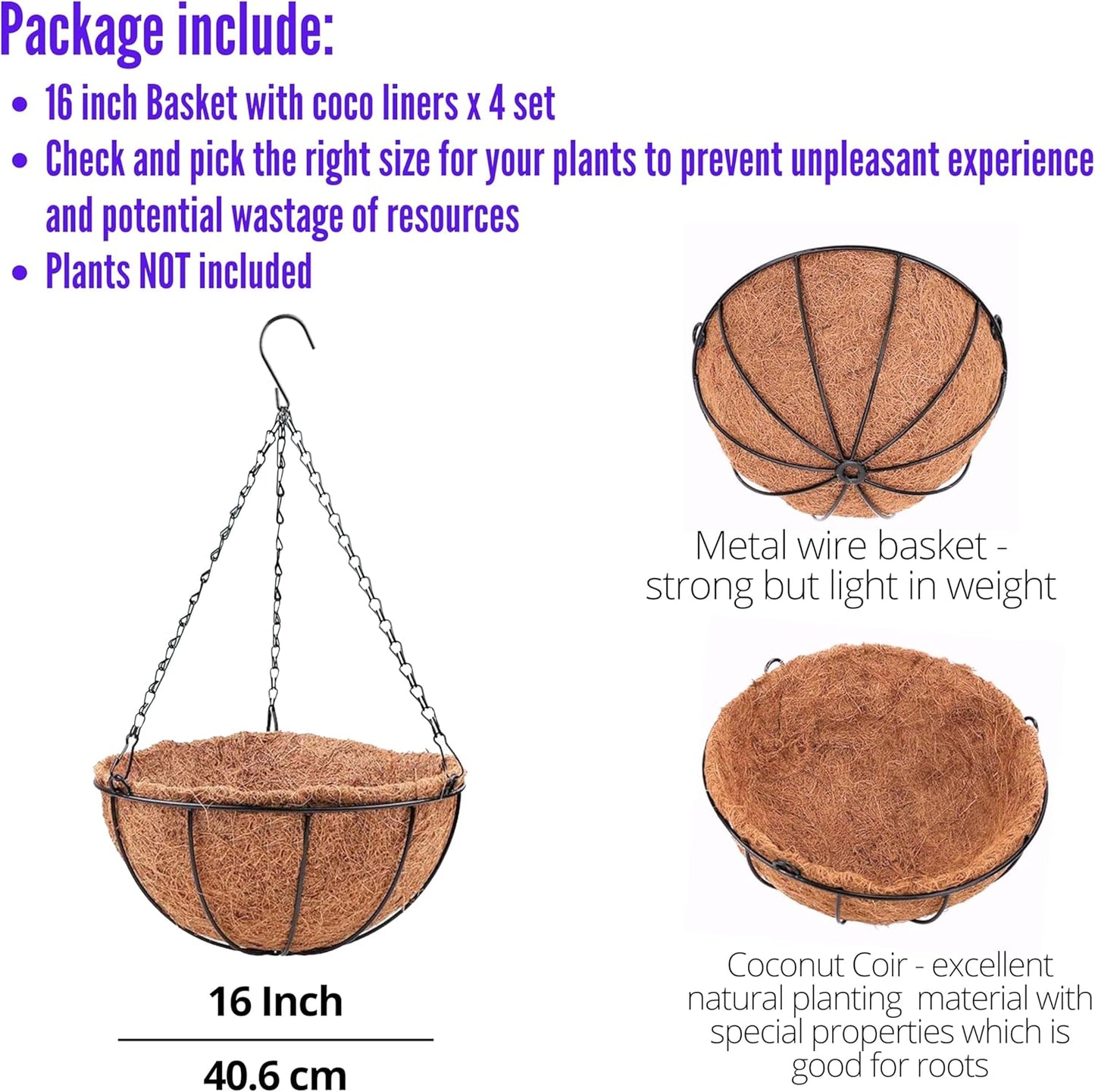 LaLaGreen Hanging Baskets for Plant Outdoor (16 Inch, 4 Pack) Extra Large Hanging Planter with Coco Liner Black Round Metal Wire Flower Pot Holder Hanger Deck Porch Garden Balcony Rustic Country Decor