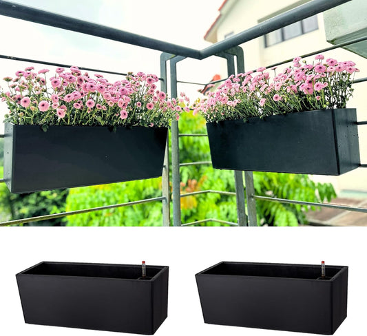 LaLaGreen Deck Railing Planters (2 Pack, 14 Inch) Black Rectangular Window Flower Box with Bracket, Self Watering System Hanging Planter Boxes for Outdoor Plant Pots Container Rail Fence Balcony Herb