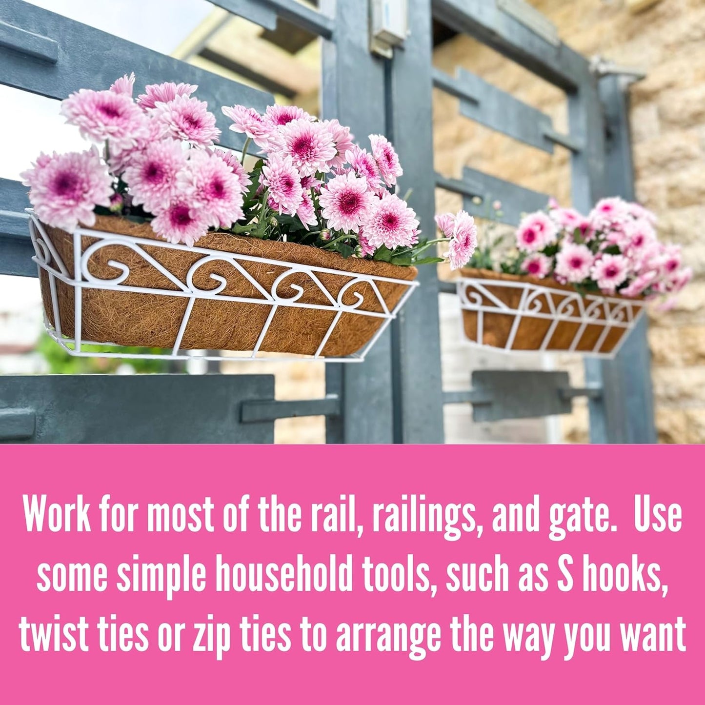 LaLaGreen Wall Mounted Planters (16 Inch, 2 Pack) Window Flower Boxes Basket Outdoor, Balcony Planter Over The Rail, Deck Railing Hanging with Coco Liners, White Metal Horse Troughs Fence Patio Porch