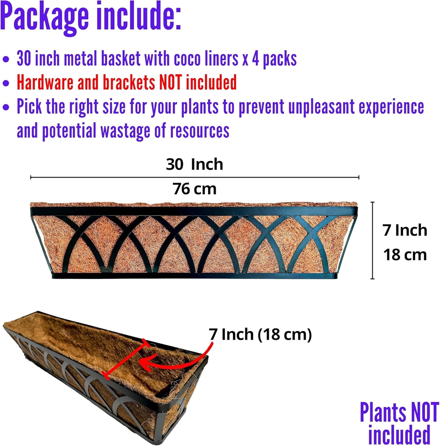 LaLaGreen Wall Planter (4 Pack, 30 Inch) Large Railing Planter Box for Outdoor Plants with Coco Liner, Metal Balcony Flower Basket Deck Rail Railing Fence Window Attach House Horse Trough Fence Porch