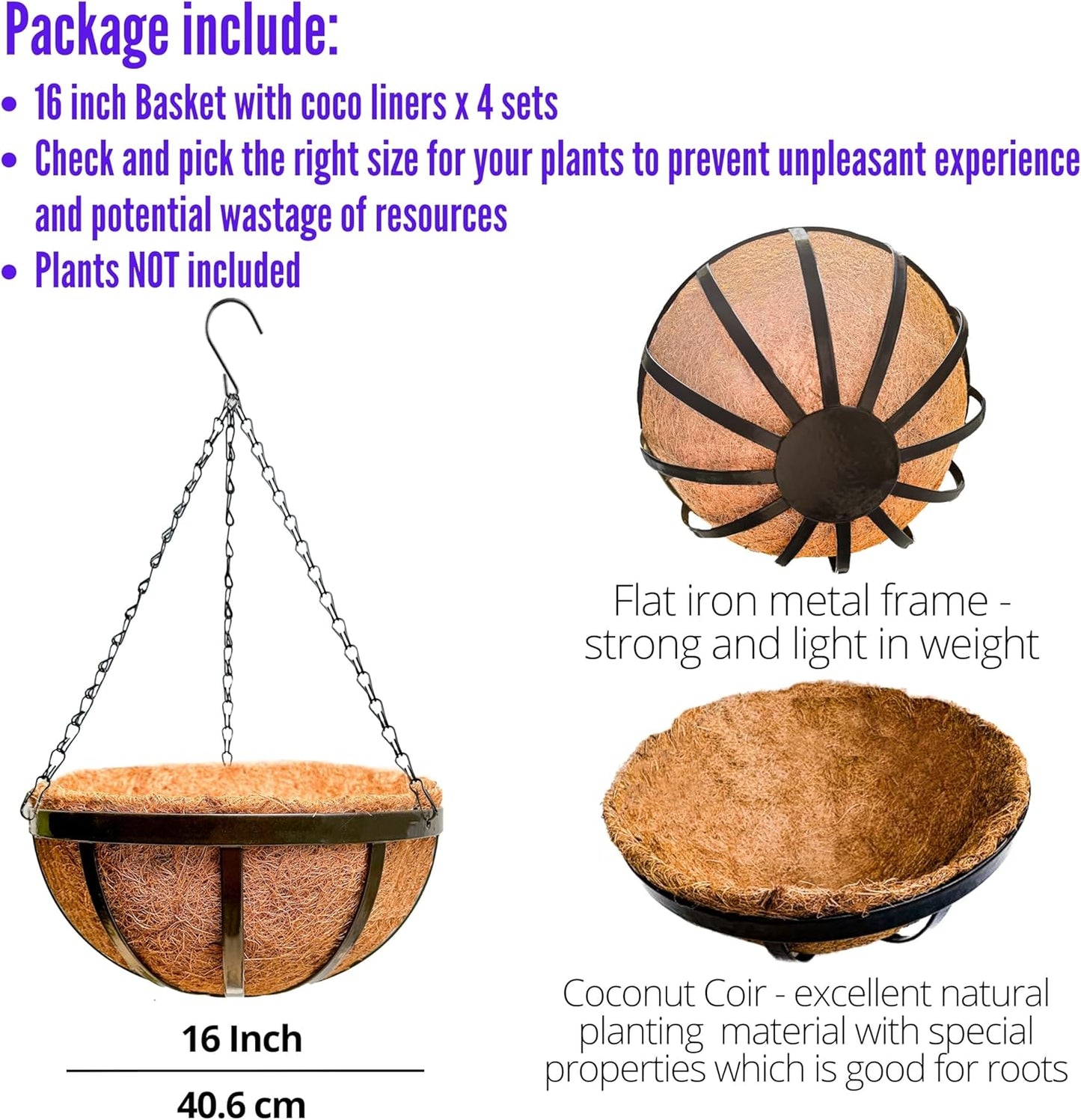 LaLaGreen Outdoor Hanging Baskets for Plants (4 Pack, 16 Inch) Black Large Hanging Planter with Coco Liner, Flat Iron Plant Pot Metal Flower Pots Deck Patio Porch Garden Balcony Outside Decoration