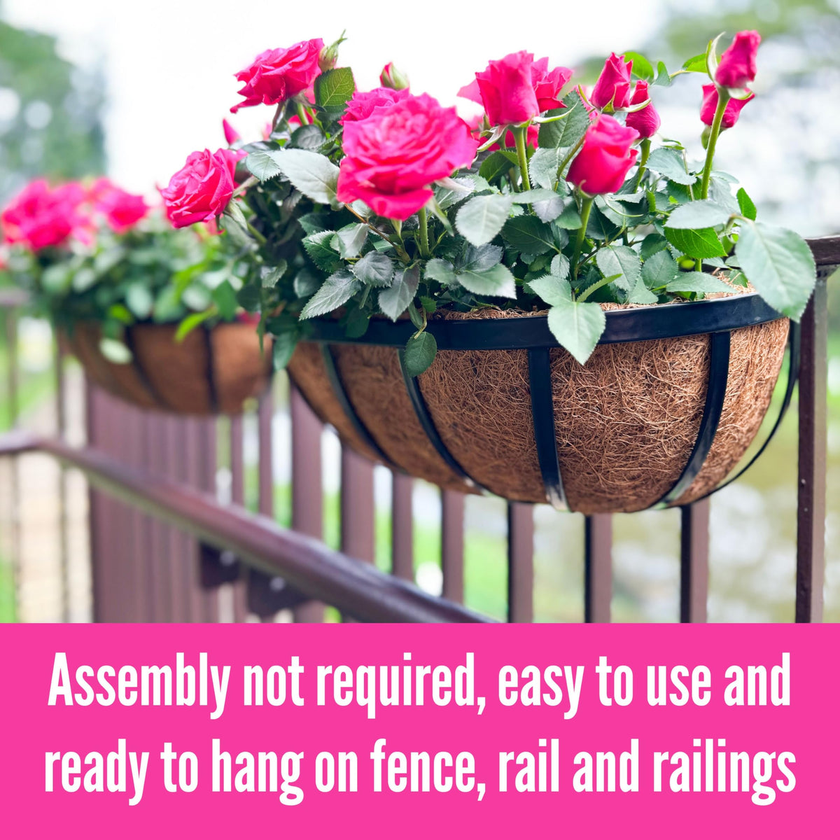 LaLaGreen Deck Railing Planter Boxes (16 Inch, 2 Pack) Black Metal Rectangular Hanging Planters with Coco Liner, Adjustable Flower Planter Box Brackets for Plants Fence Balcony Patio Porch Over Rail