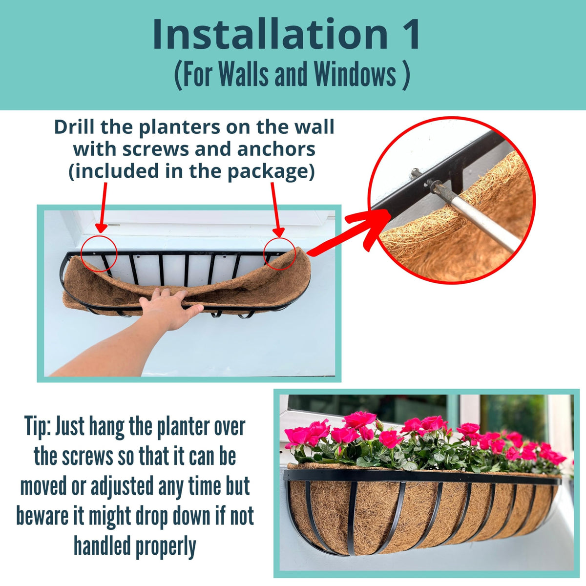 LaLaGreen Black Metal Wall Planter (24 in, 8 Pack) Window Flower Box Holder