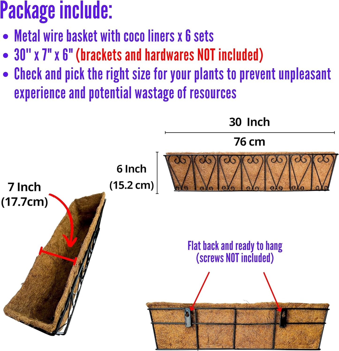 LaLaGreen Wall Planter - 6 Pack, 30 Inch Large Black Window Flower Basket Boxes Outdoor Attach House, Rectangular Deck Railing Hanging Pot with Coco Liner Over Rail Fence Balcony Patio Porch