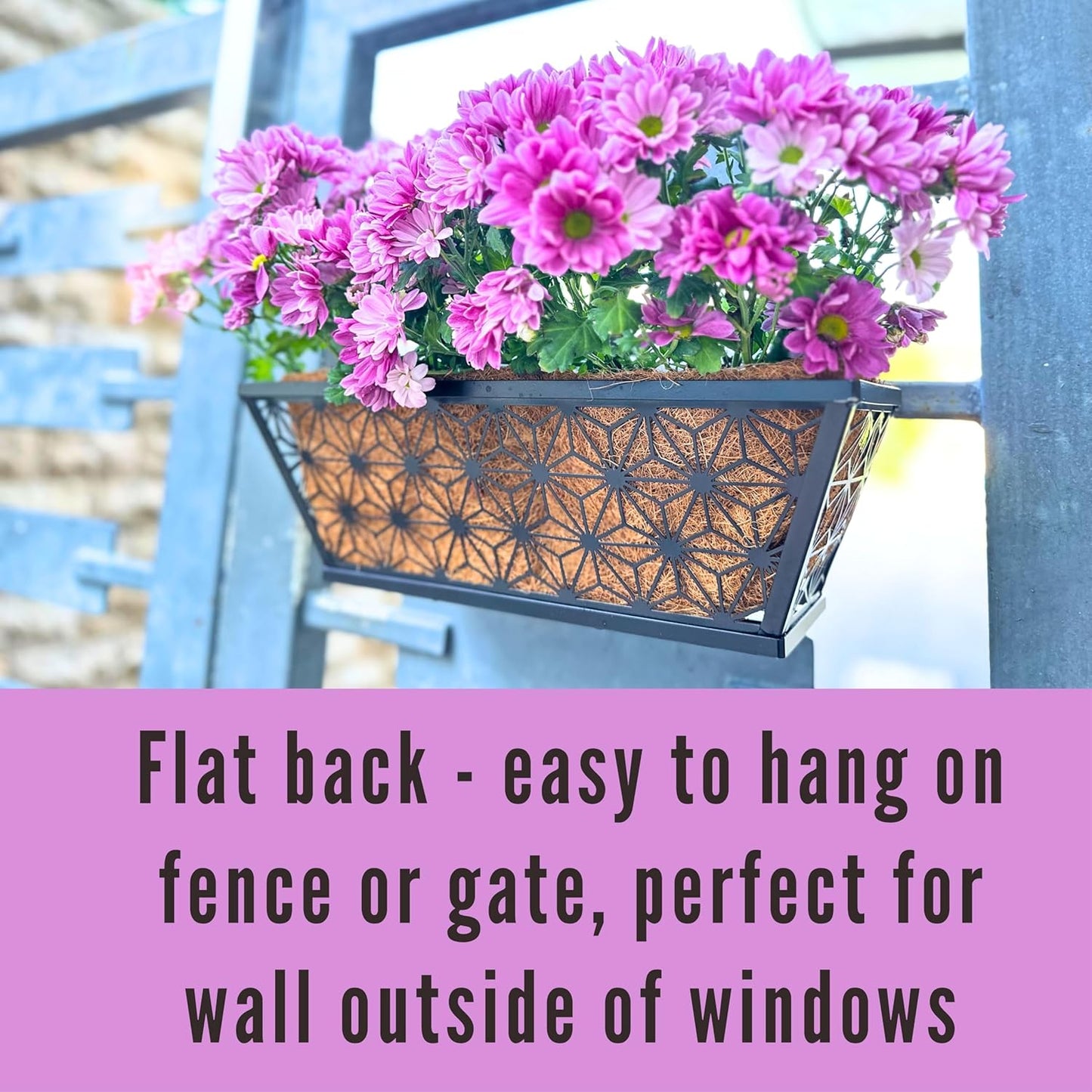 LaLaGreen Window Boxes Planter for Outdoor Plants (2 Pack, 16 Inch) Black Metal Basket Flower Pot Rectangular Wall Planters with Coco Liner, Horse Trough Deck Railing Balcony Modern Garden Fence Patio