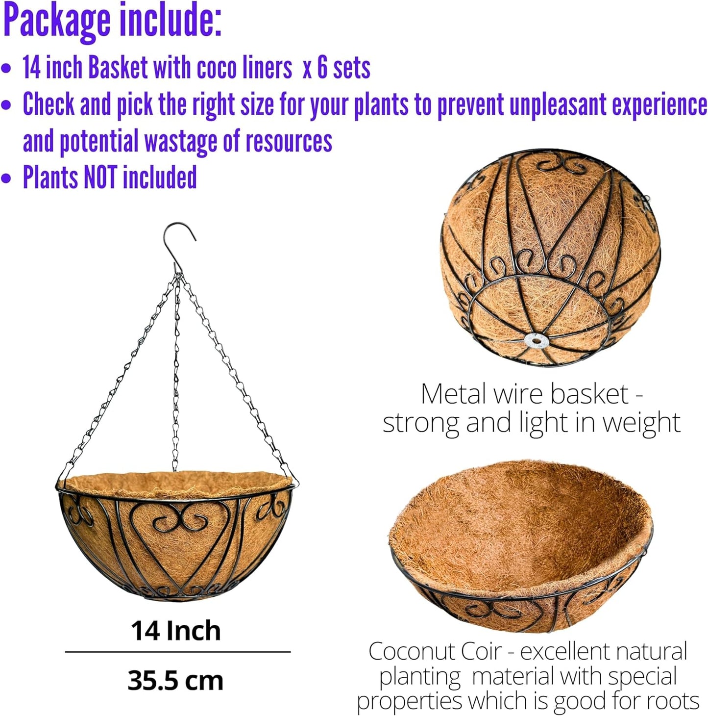 LaLaGreen Hanging Baskets for Plants (6 Pack, 14 Inch) Hanging Flower Pots with Coco Liner, Black Metal Wire Round Basket Plant Holder with Hanger Hook Chain, Outdoor Patio Deck Balcony Garden Décor