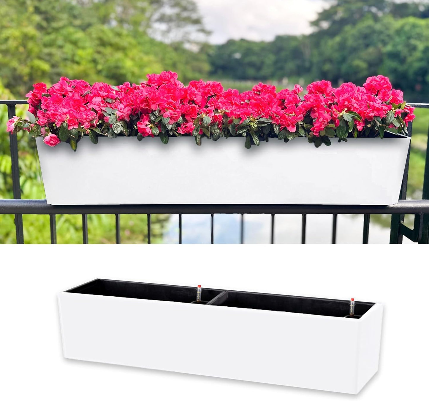LaLaGreen Hanging Planter Boxes (1 Pack, 40") Large White Rectangular Window Flower Box with Bracket, Self Watering System Railing Planters for Outdoor Plant Container Deck Rail Fence Balcony Garden