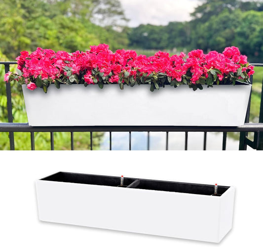 LaLaGreen Hanging Planter Boxes (1 Pack, 40") Large White Rectangular Window Flower Box with Bracket, Self Watering System Railing Planters for Outdoor Plant Container Deck Rail Fence Balcony Garden