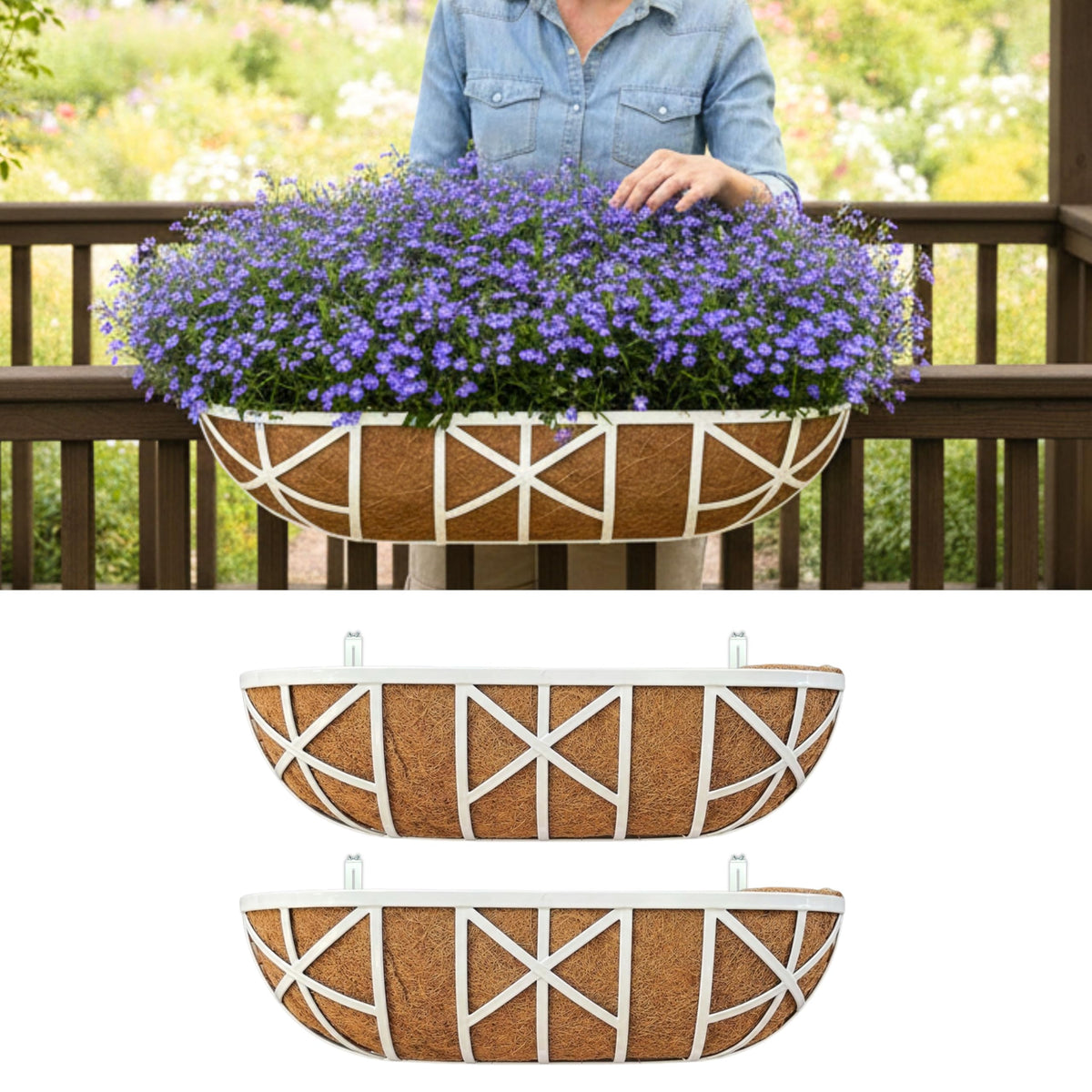 LaLaGreen Rail Planter Box (24 Inch, 2 Pack) White Railing Hanging Basket with Adjustable Mount Brackets, Metal Coco Outdoor Patio Gardening Flower Pot Attach for Wall Mount Herb Pots & Balcony