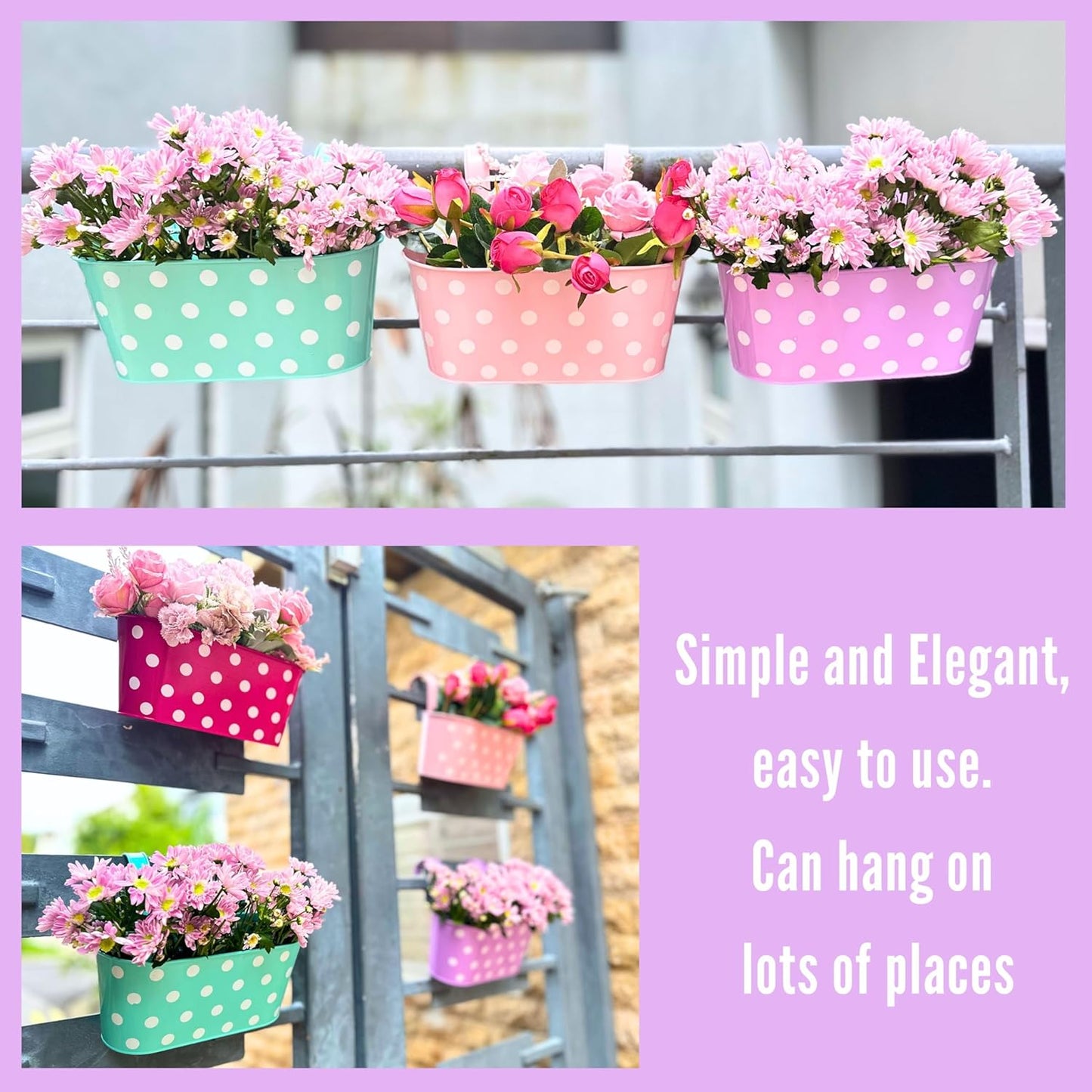 LaLaGreen Rail Planter for Deck Railing (11.2 Inch, 6 Pack) Colorful Metal Iron Hanging Flower Pots, Polka Dot and Strawberry Fence Garden Cute Balcony Box Plant Holder with Hooks Bucket Hang Porch