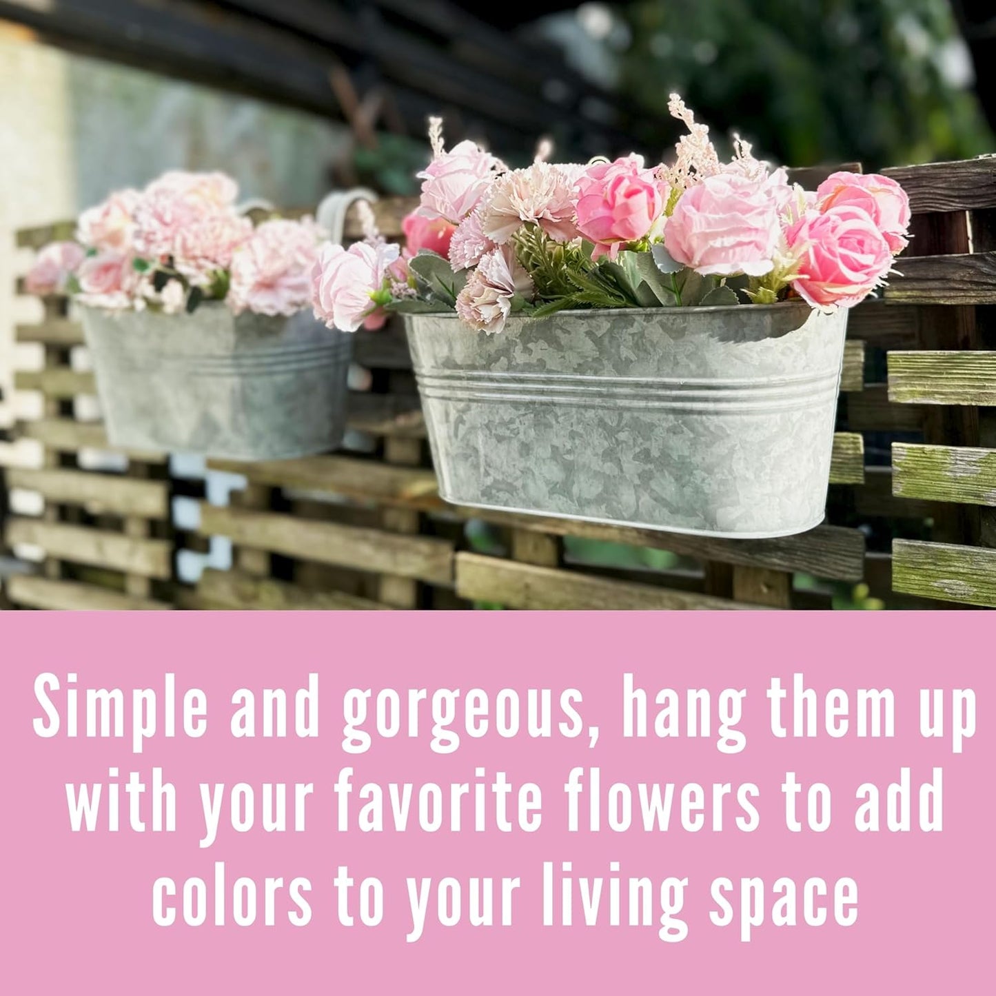 LaLaGreen Outdoor Plants Rail Planter (15 Inch, 2 Pack) Silver Metal Iron Hanging Flower Pot Deck Railings Fence Bucket Modern Boho Style Wall Mount Window Box Plant Wall Hanger Hooks Porch Home Decor