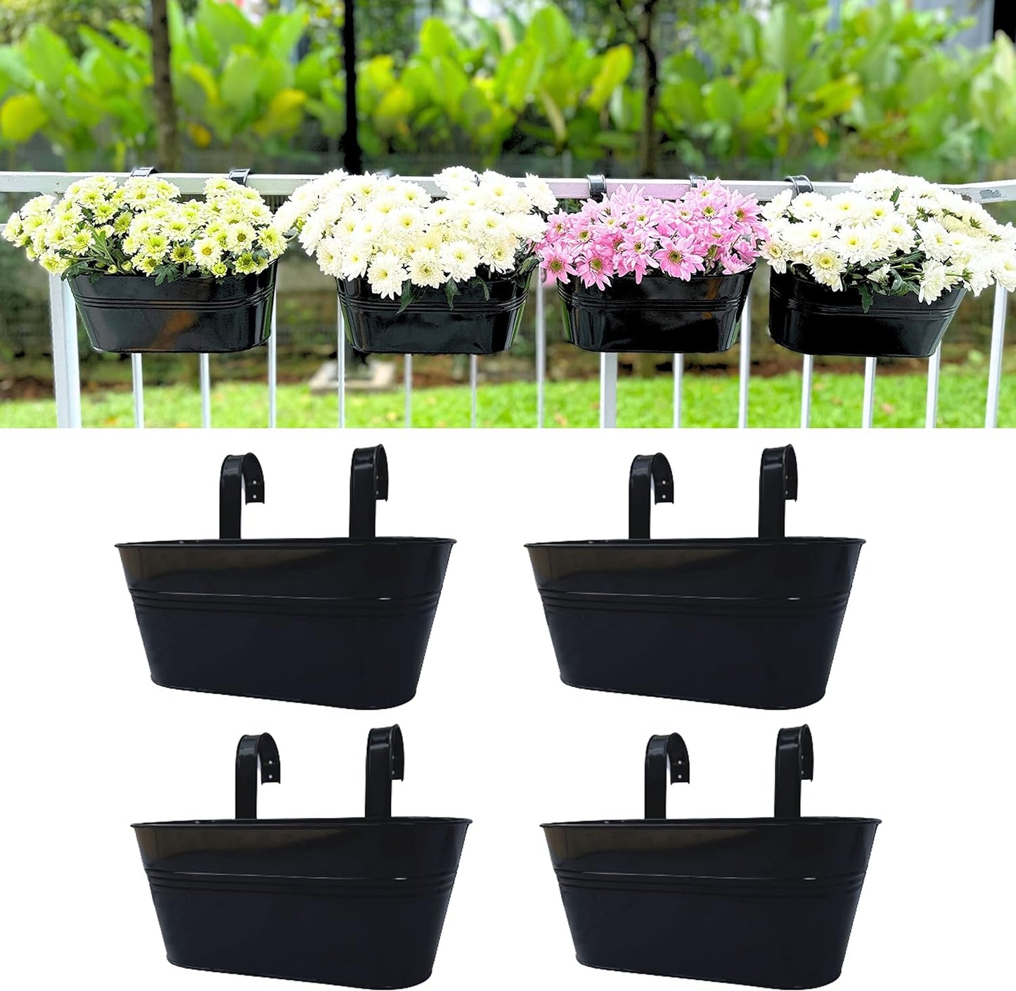 LaLaGreen Railing Planter Outdoor Plants (11.2 Inch, 2 Pack) Black Metal Iron Hanging Flower Pots Deck Rail Fence Hanging Bucket Modern Countryside Style Window Box Plant Holder with Hooks Porch Decor