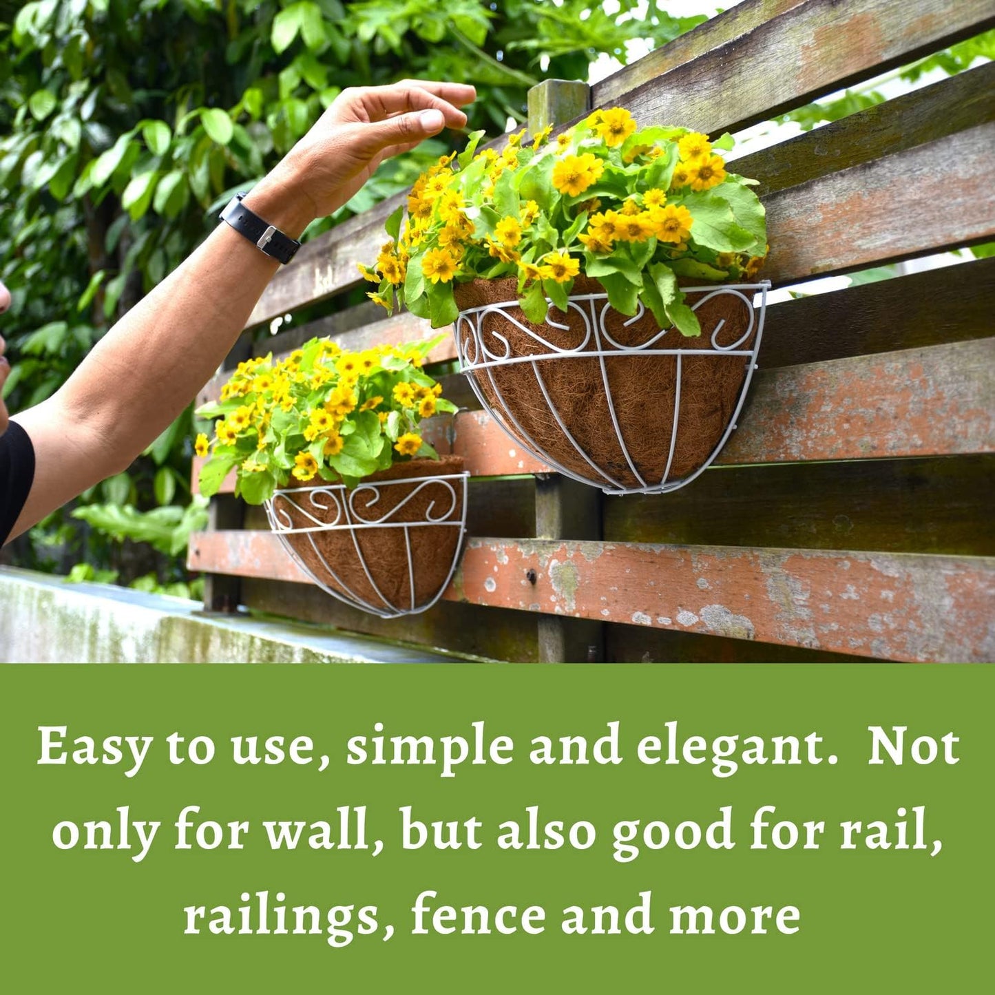 LaLaGreen Wall Mounted Flower Baskets (2 Pack, 16 Inch) Extra Large Deck Rail Hanging Planters with Coco Liner for Outdoor Plants White Metal Wire Herb Pots Holder Fence Railing Porch Patio Garden