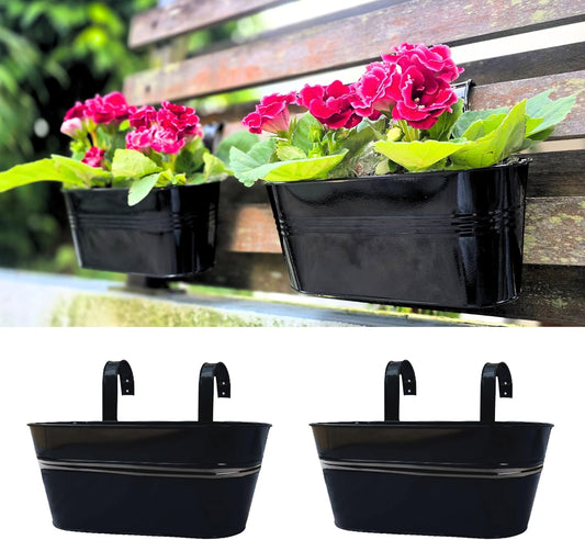 LaLaGreen Railing Planter Outdoor Plants (11.2 Inch, 2 Pack) Black Metal Iron Hanging Flower Pots Deck Rail Fence Hanging Bucket Modern Countryside Style Window Box Plant Holder with Hooks Porch Decor