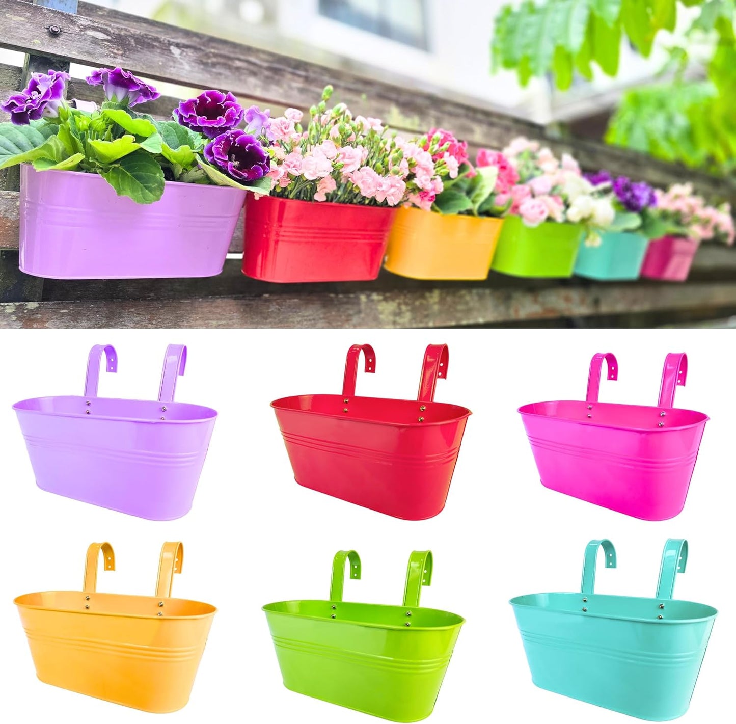 LaLaGreen Outdoor Hanging Planter (11.2 Inch, 6 Pack) Light Pink, Light Purple, Turquoise, Neon Pink, Yellow, Orange Metal Iron Window Box Flower Pot Deck Railings Fence Buckets Porch Garden Decor