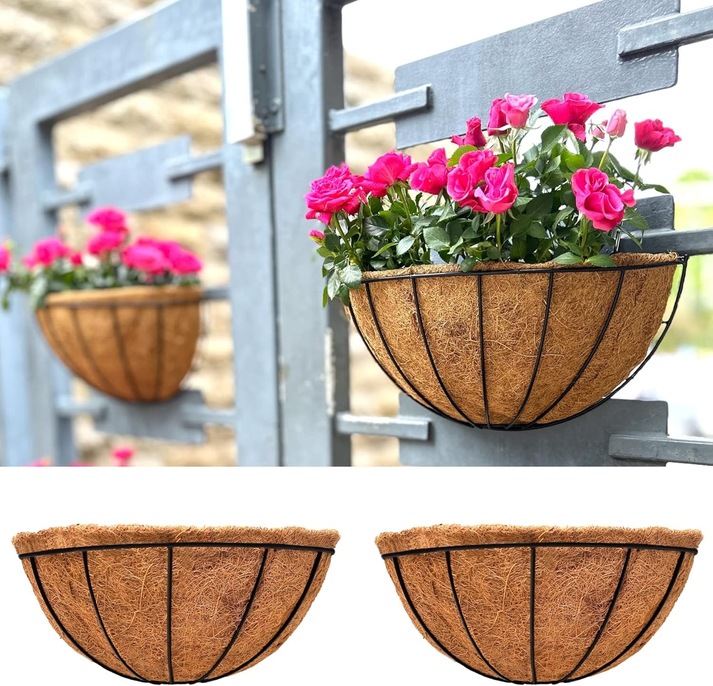 LaLaGreen Wall Planter Outdoor, 4 Pack, 14 Inch Large Wall Hanging Flower Basket with Coco Liner, Vertical Living Wall Mounted Wire Pot Outside Fence Railing Plant Pots Holder Deck Porch Balcony Patio