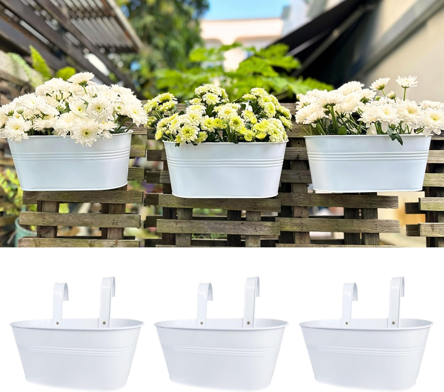 LaLaGreen Planter Boxes Outdoor (3 Pack, 9.8 Inch) Small and Cute White Metal Iron Hanging Flower Pots Deck Railings Fence Modern Garden Boho Style Wall Mount Window Box Plant Holder Porch Decor