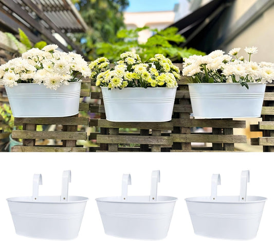 LaLaGreen Planter Boxes Outdoor (3 Pack, 9.8 Inch) Small and Cute White Metal Iron Hanging Flower Pots Deck Railings Fence Modern Garden Boho Style Wall Mount Window Box Plant Holder Porch Decor