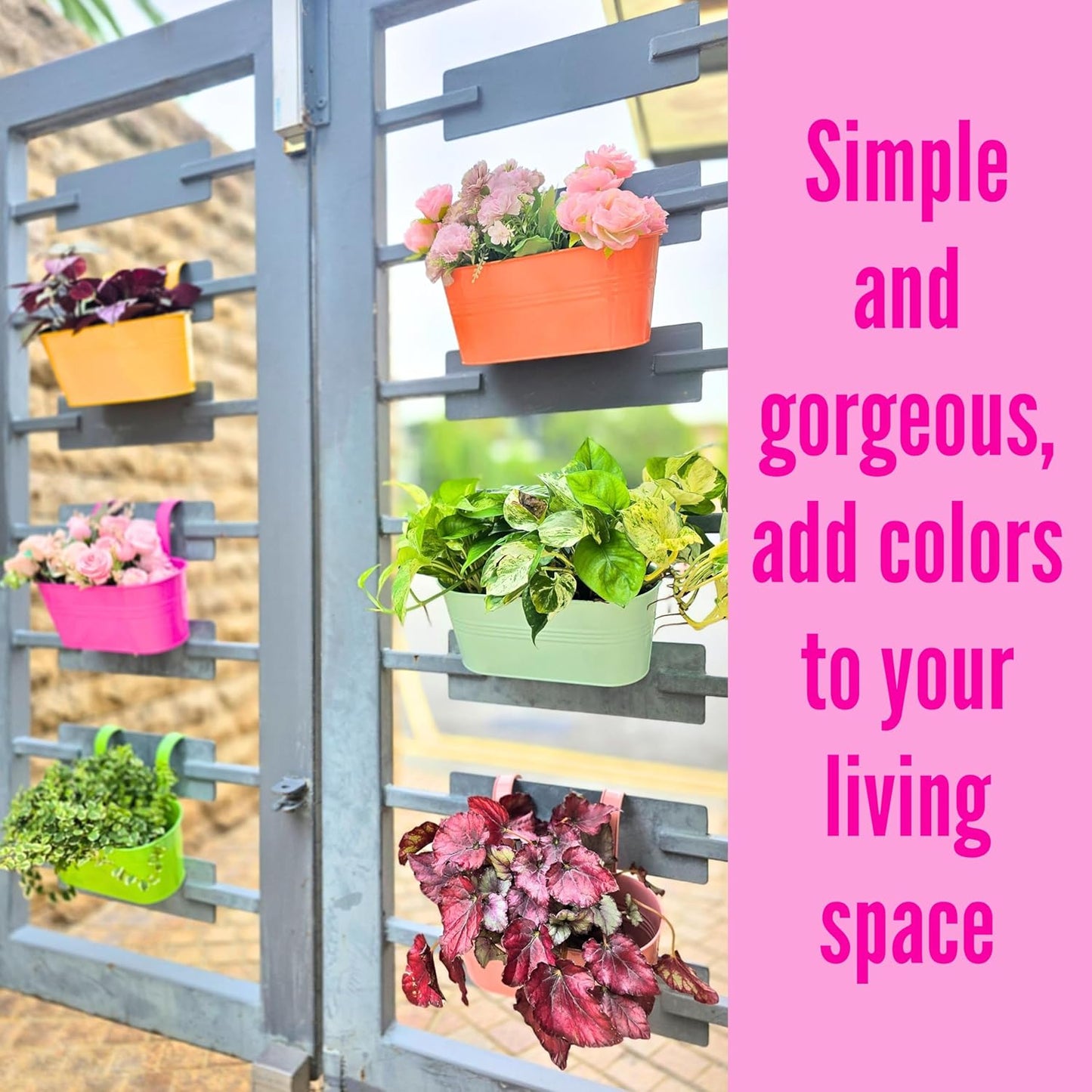 LaLaGreen Outdoor Hanging Planter (11.2 Inch, 6 Pack) Light Blue, Green, Neon Pink, Yellow, Orange, Peachy Pink Metal Iron Window Box Flower Pot Deck Railings Fence Rail Bucket Porch Home Garden Decor