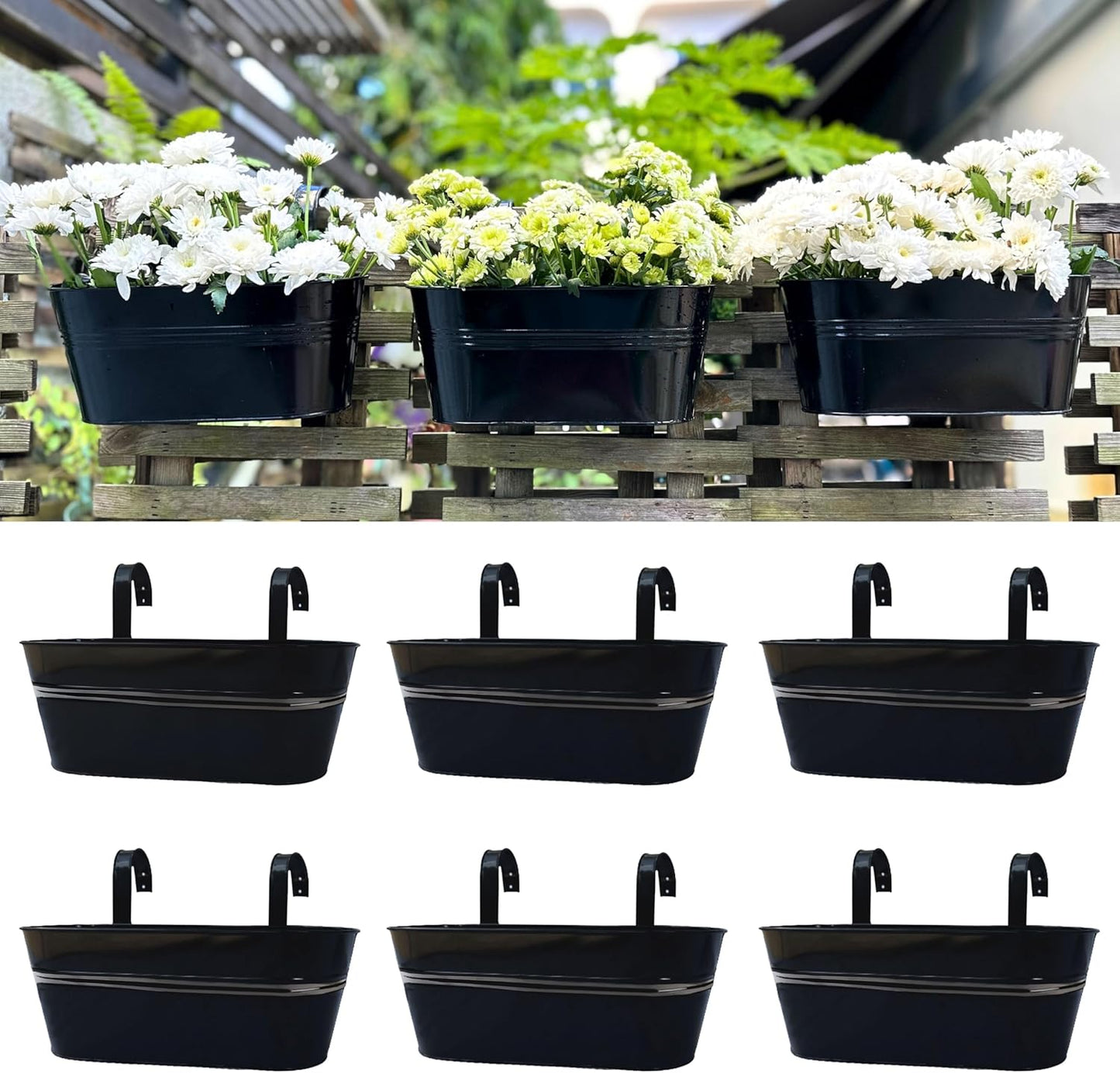 LaLaGreen Outdoor Plants Rail Planter (15 Inch, 2 Pack) Black Metal Iron Hanging Flower Pots Deck Railings Fence Balcony Buckets Modern Boho Style Window Box Plant Holder Hooks Porch Home Garden Decor