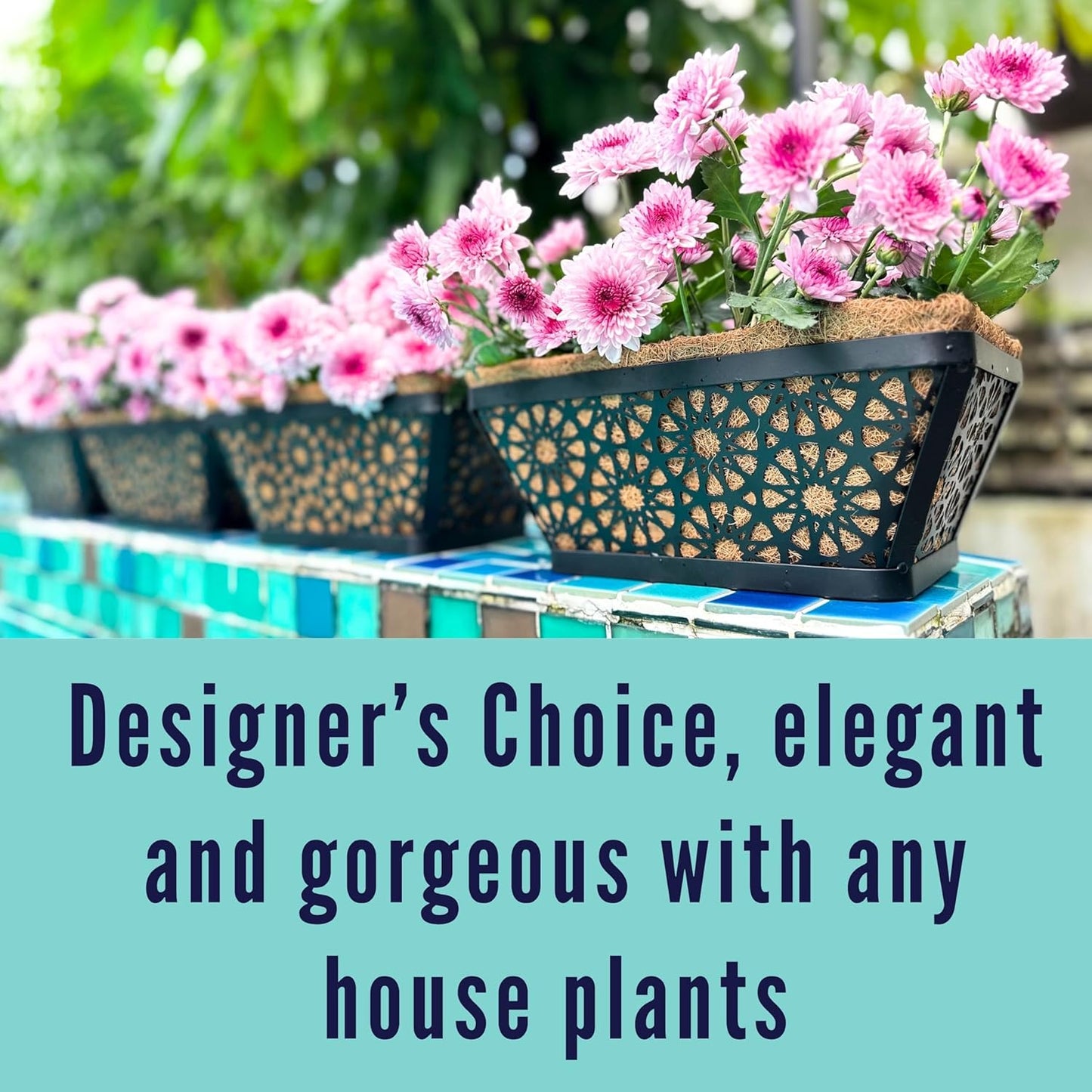 LaLaGreen Window Boxes Planters for Outdoor Plants (4 Pack, 12 Inch) Small and Cute Black Metal Fence Hanging Flower Box Basket with Coco Liner Unique Horse Troughs Balcony Garden Pot Patio Porch Rail