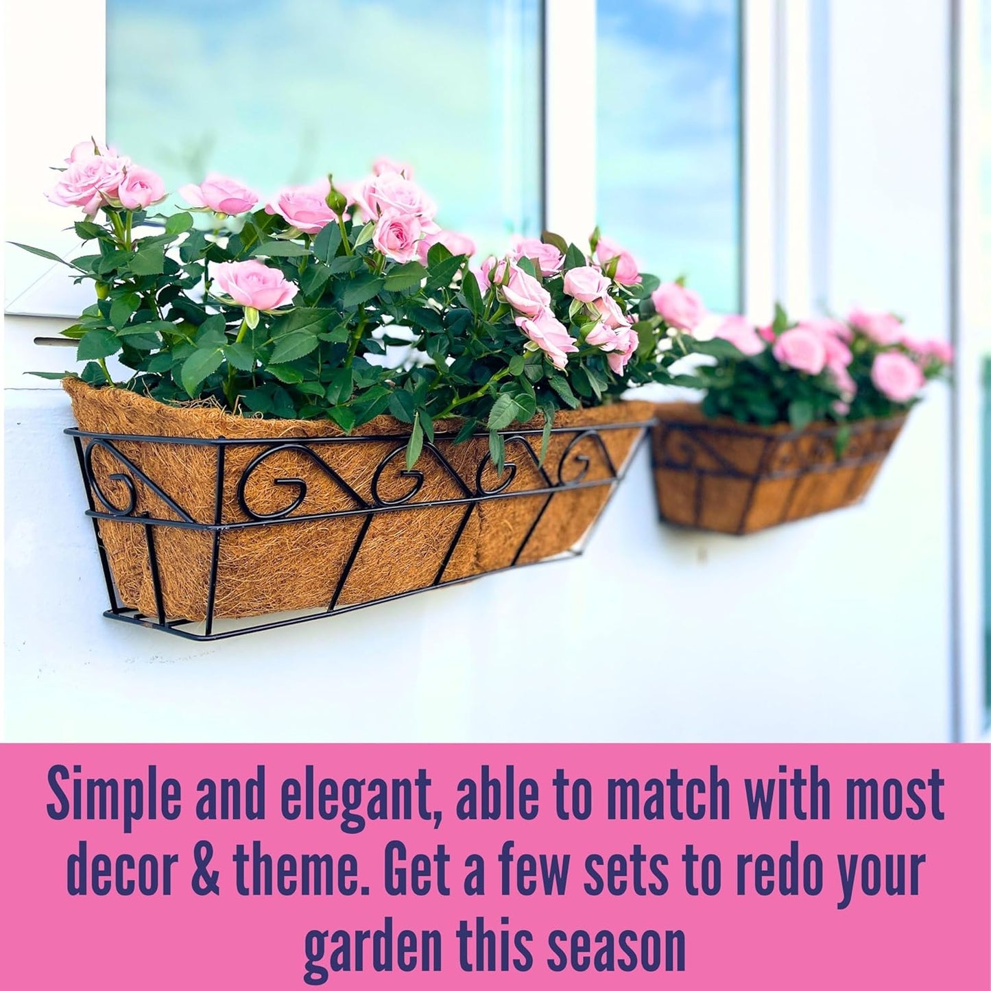 LaLaGreen Wall Mounted Planters - 16 Inch, 4 Pack Window Flower Boxes Basket Outdoor, Balcony Planter Over The Rail, Deck Railing Hanging with Coco Liners, Metal Horse Troughs Fence Patio Porch