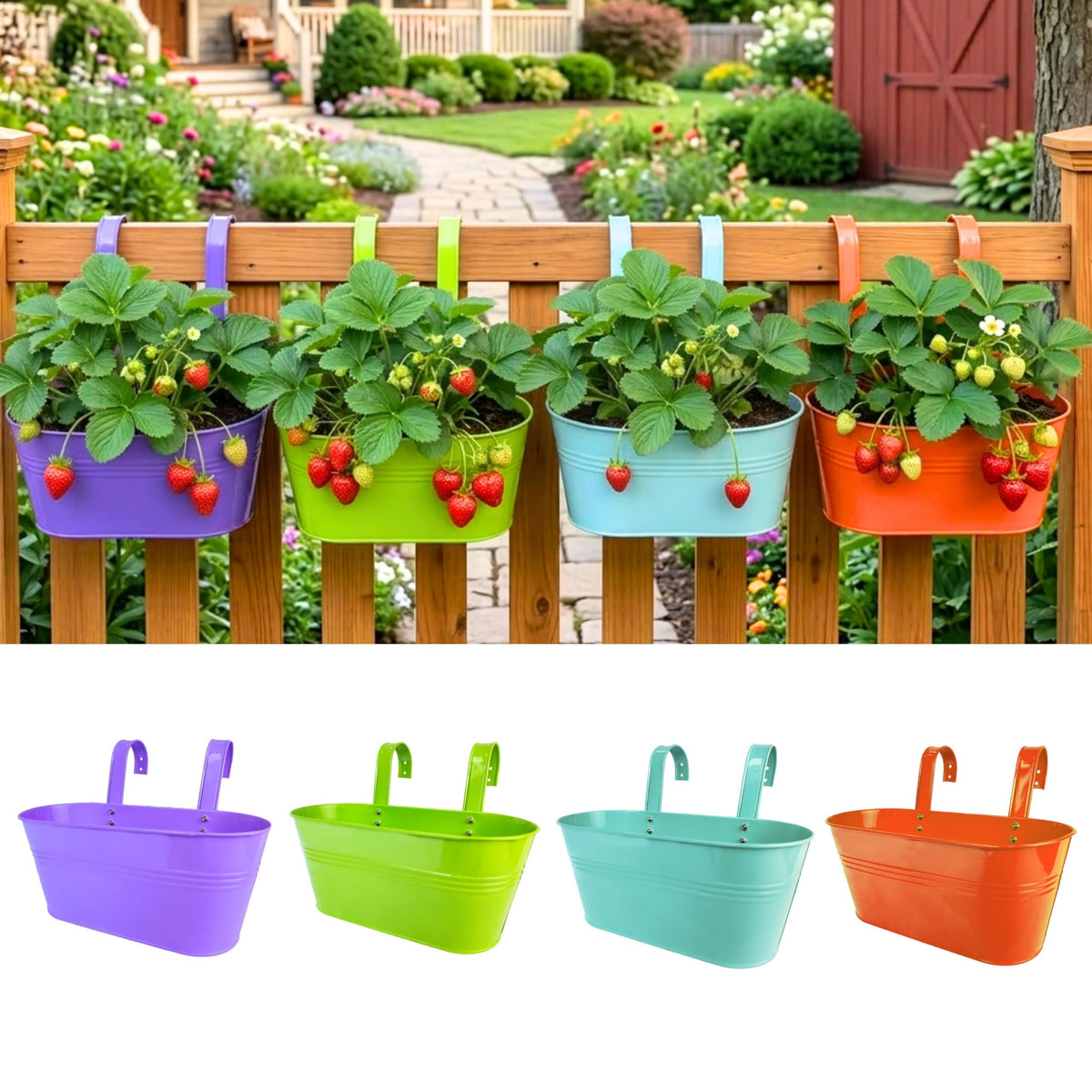 LaLaGreen Colorful Oval Metal Railing Planter Boxes