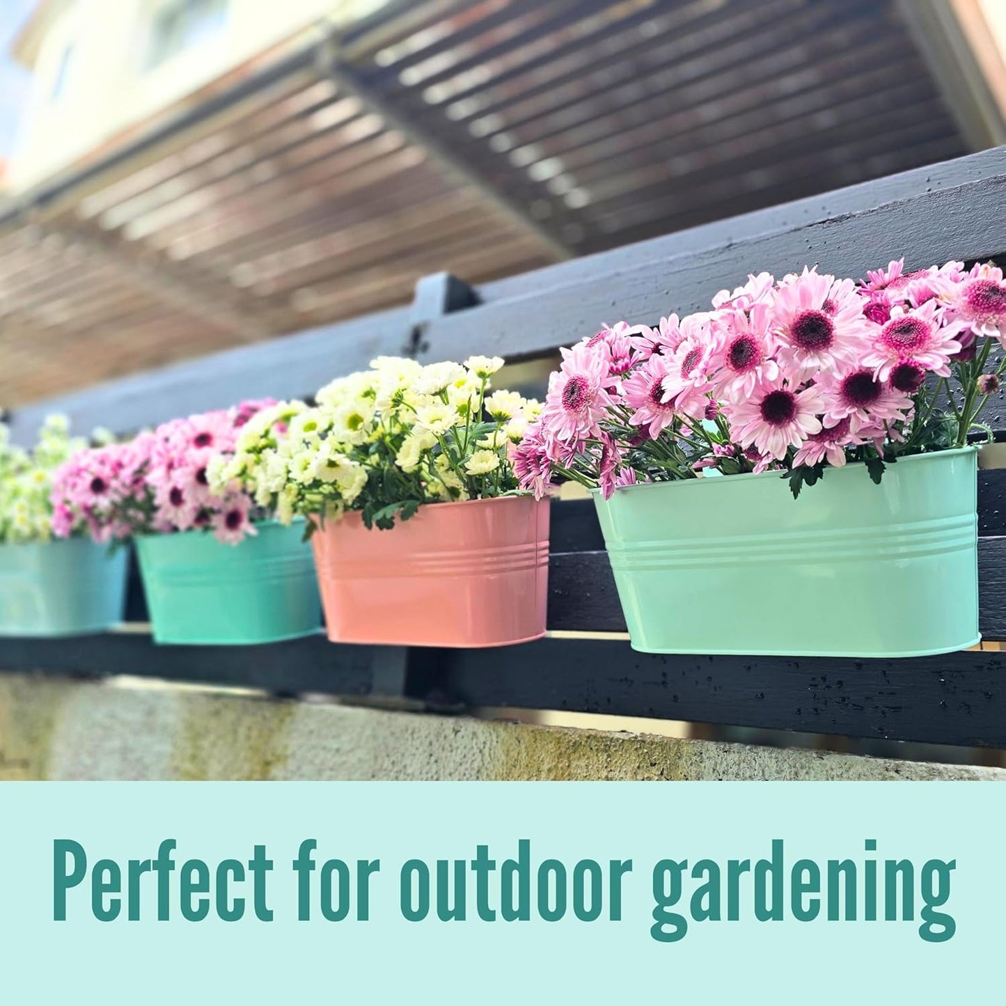 LaLaGreen Outdoor Hanging Planter (11.2 Inch, 6 Pack) Light Pink, Light Purple, Turquoise, Light Blue, Peachy Pink, Cadet Blue Metal Iron Window Flower Pot Deck Railing Balcony Fence Rail Garden Decor