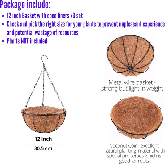 LaLaGreen Hanging Planters with Coco Liners (12 Inch, 3 Pack) Hanging Baskets for Plant Outdoor, Hanging Plant Pot Flower Metal Wire Round Holder Hanger Hook Chain Deck Porch Garden Balcony Boho Decor